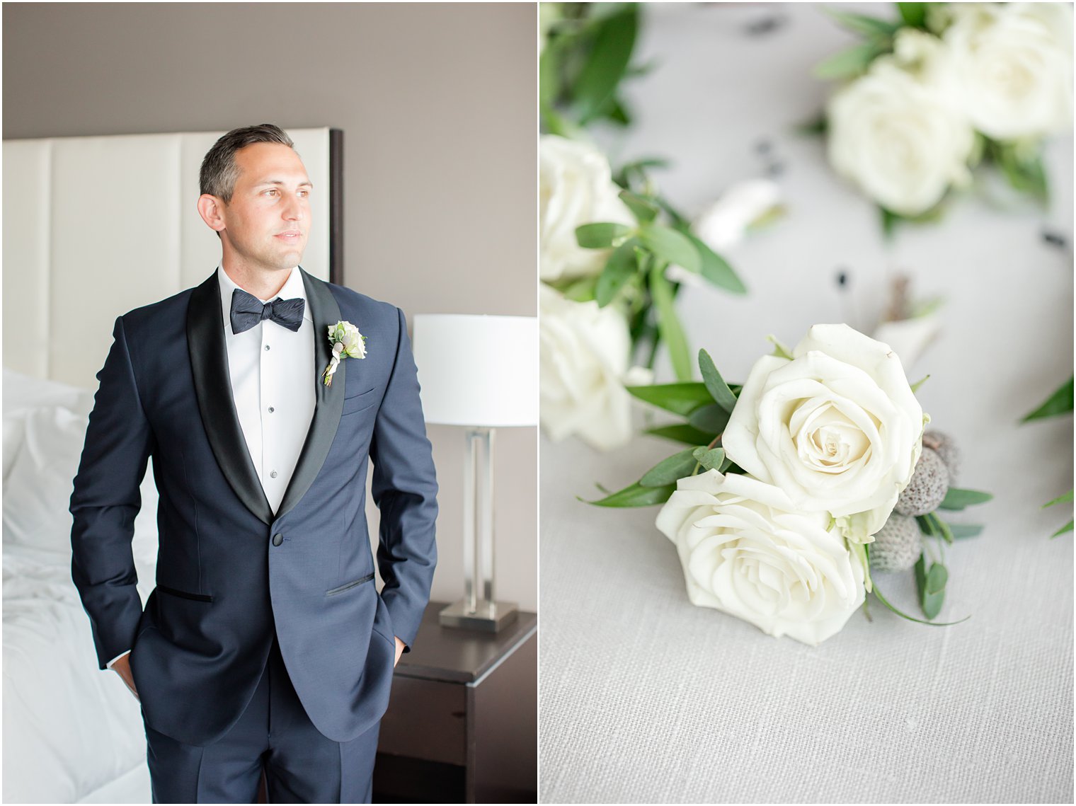 groom in classic fitted suit looks out window with white boutonnière 