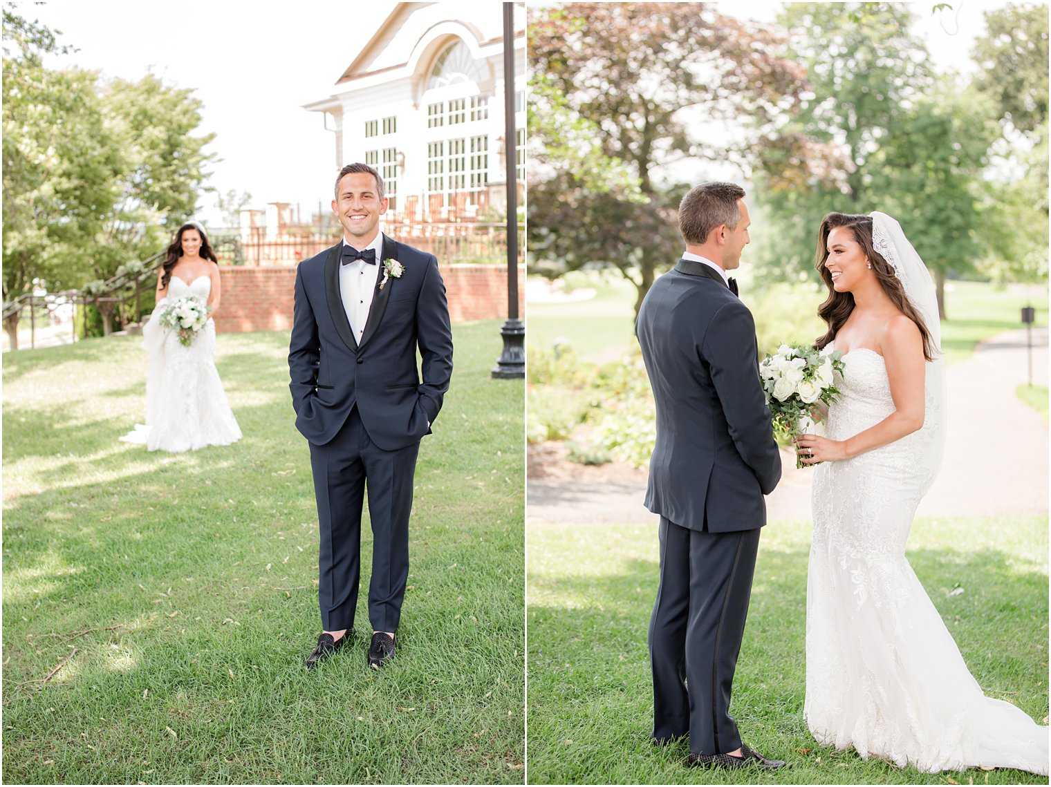 bride approaches groom for first look before Navesink Country Club wedding