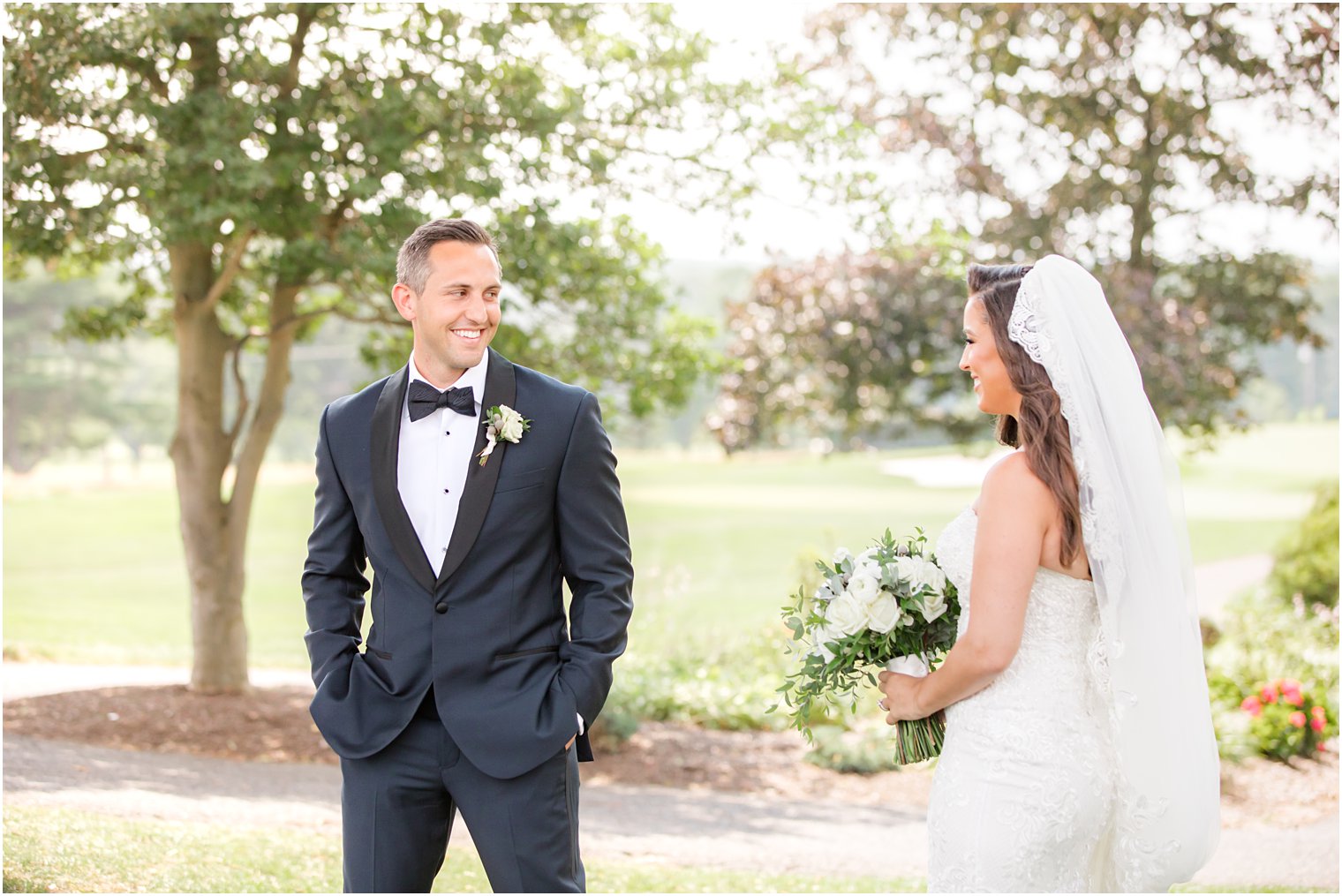 groom turns to see bride for first look at Navesink Country Club