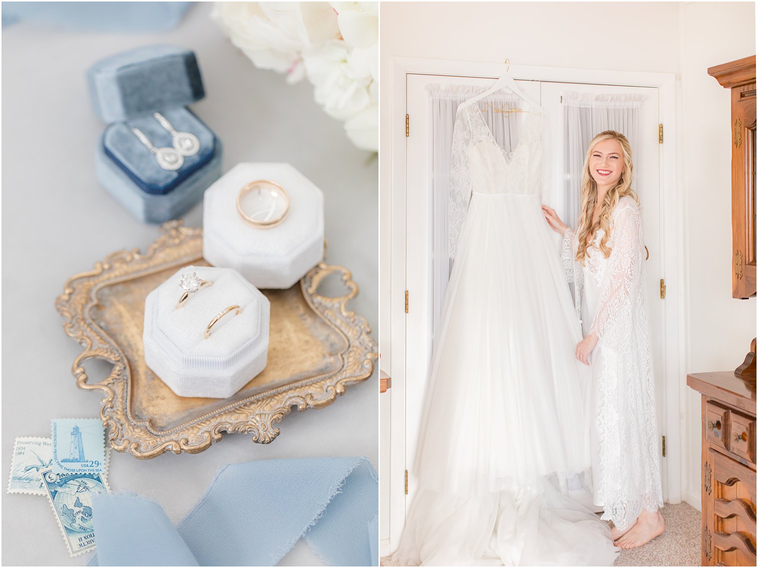 bride looks at wedding dress on morning of wedding