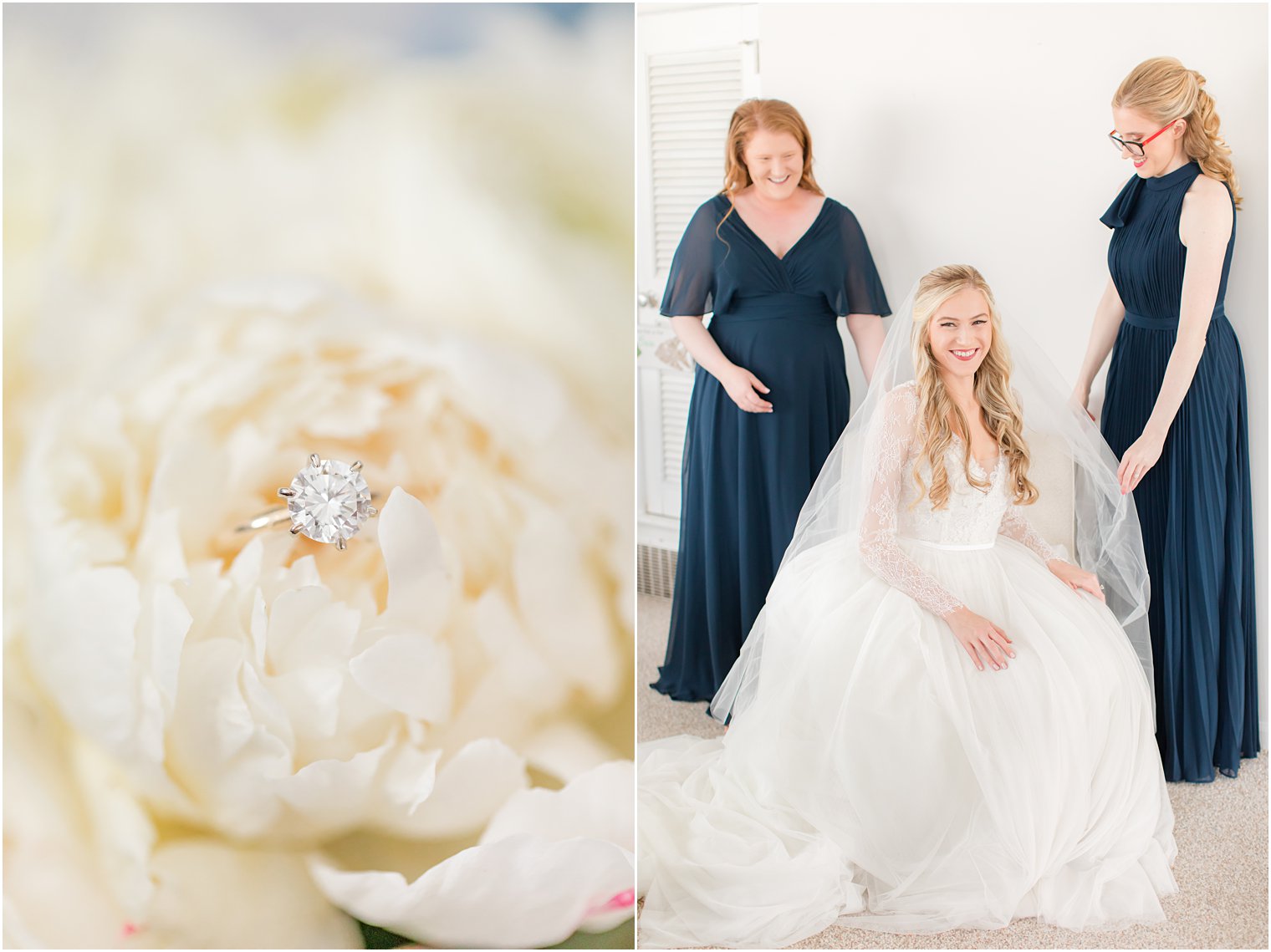 bridesmaids help bride adjust veil before Ocean City Yacht Club wedding