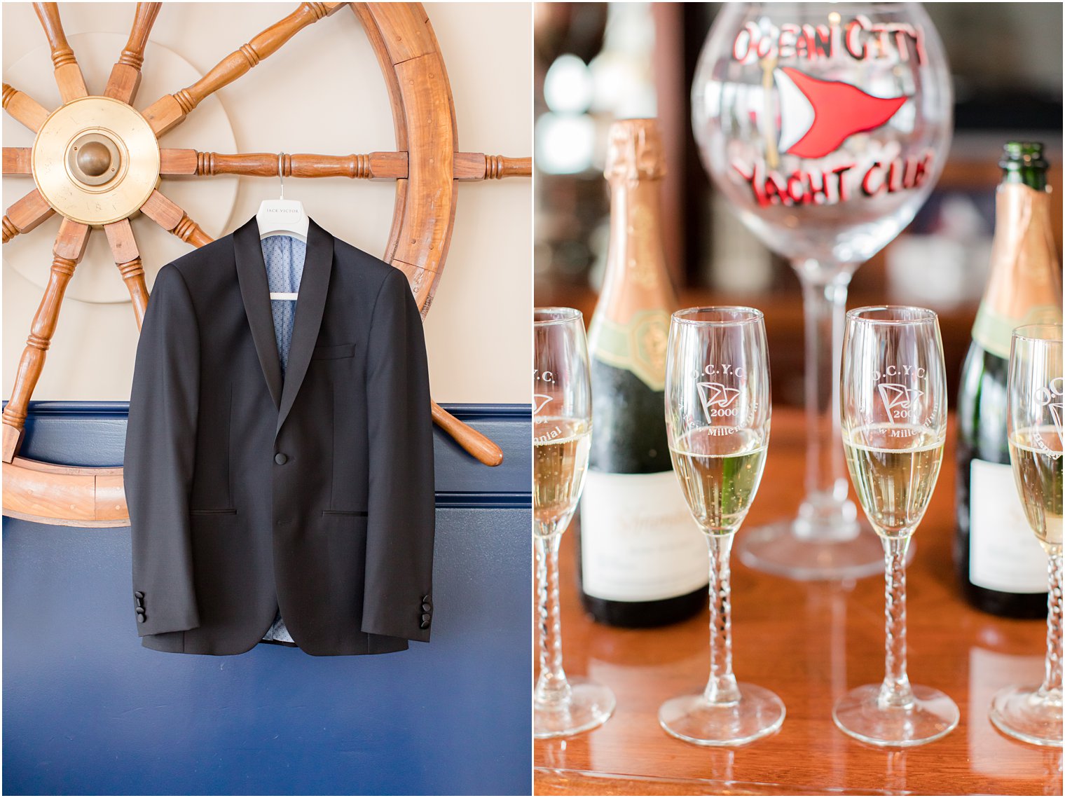 groom's suit jacket and custom champagne glasses before NJ wedding