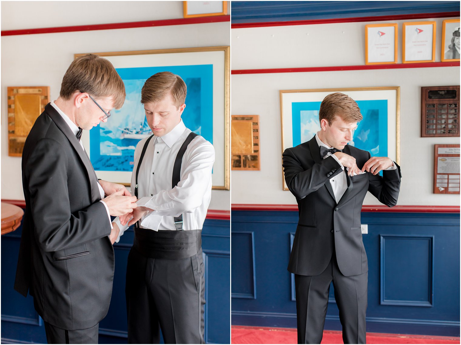 groomsman helps groom with cufflinks before NJ wedding