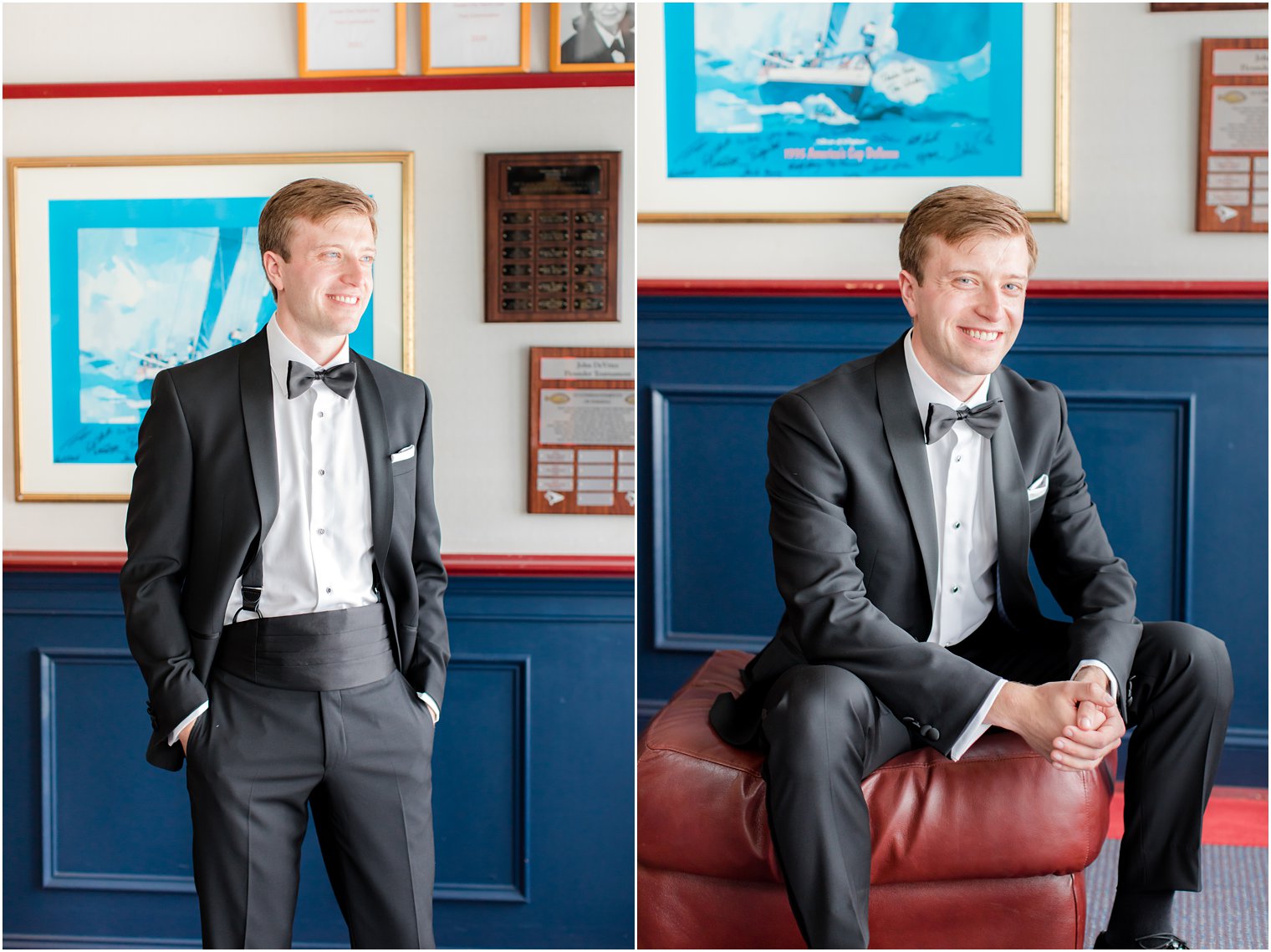 groom poses by blue wall at Ocean City Yacht Club