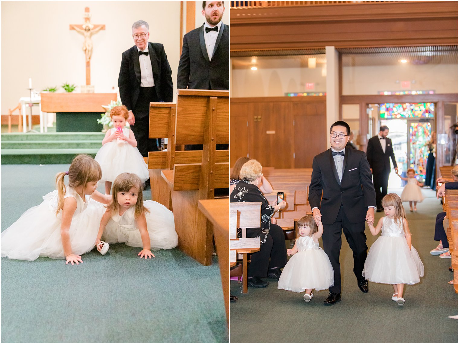 flower girls play in aisle during traditional church wedding in Ocean City NJ