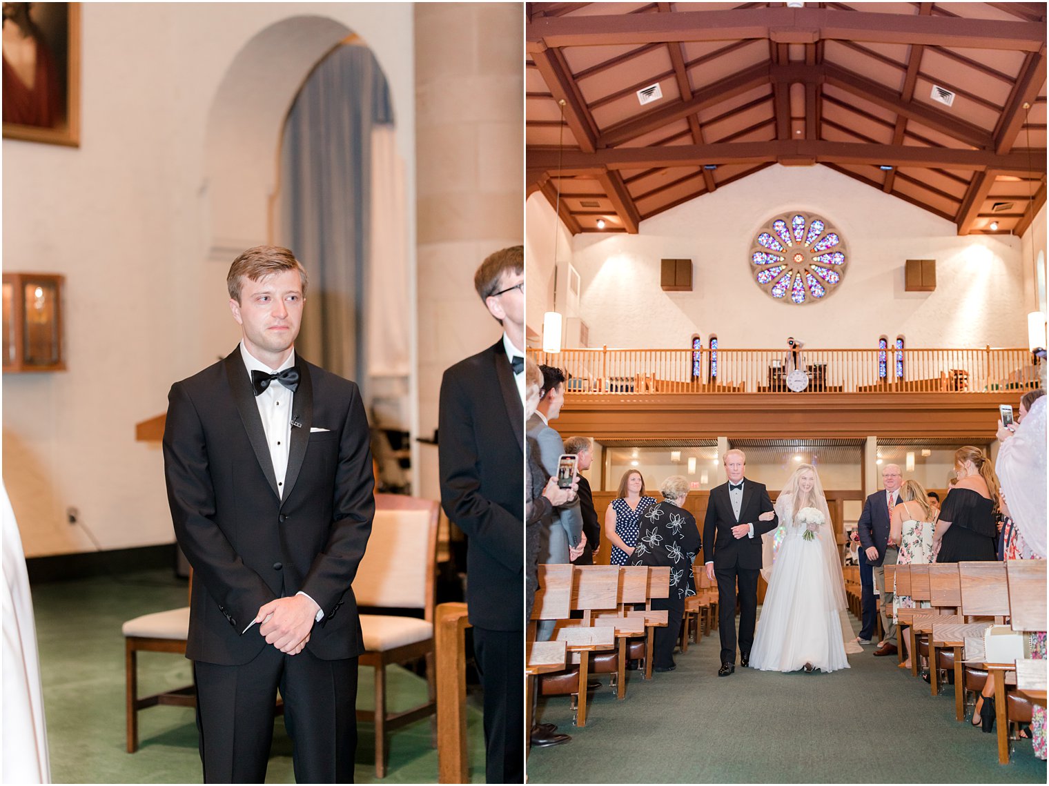 groom cries watching bride walk down aisle during traditional church wedding in Ocean City NJ