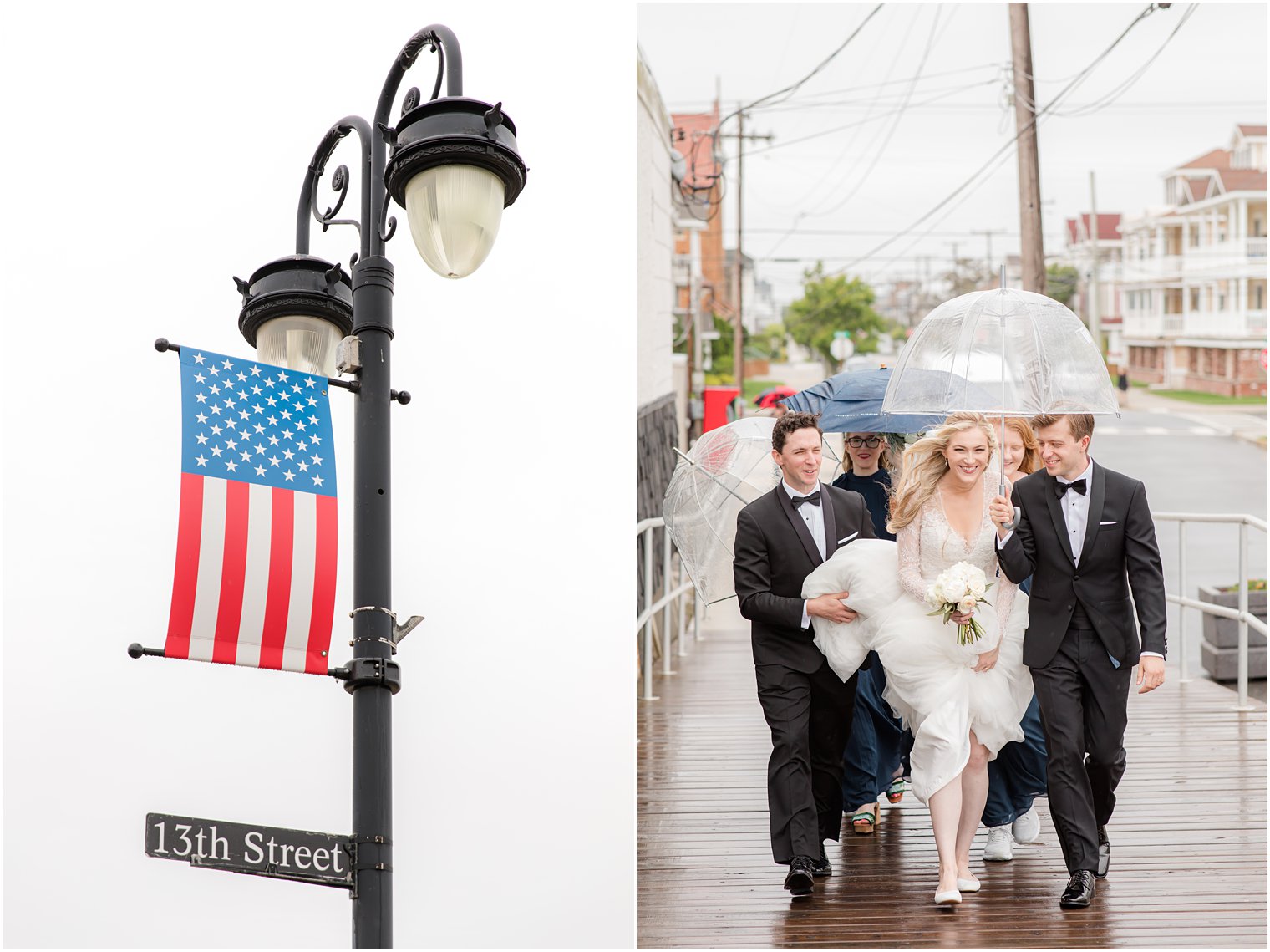 groomsman helps bride walk in the rain under clear umbrella 