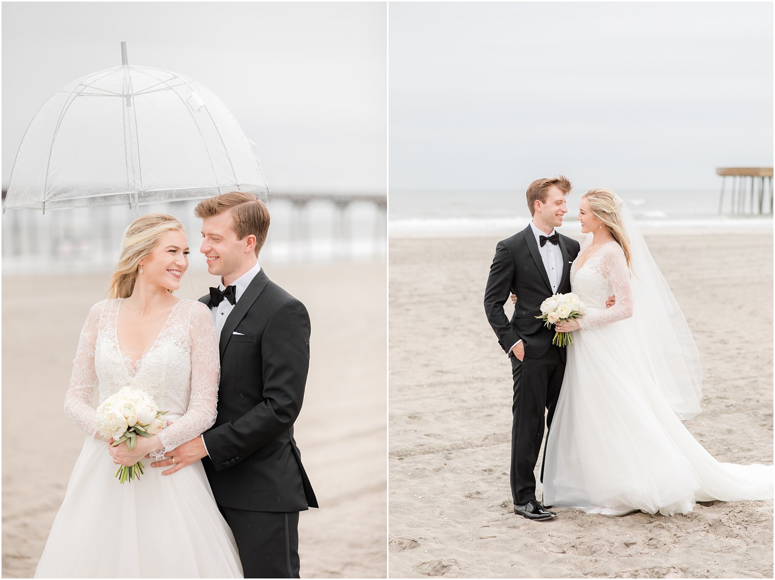 newlyweds pose under clear umbrella on rainy wedding day on beach