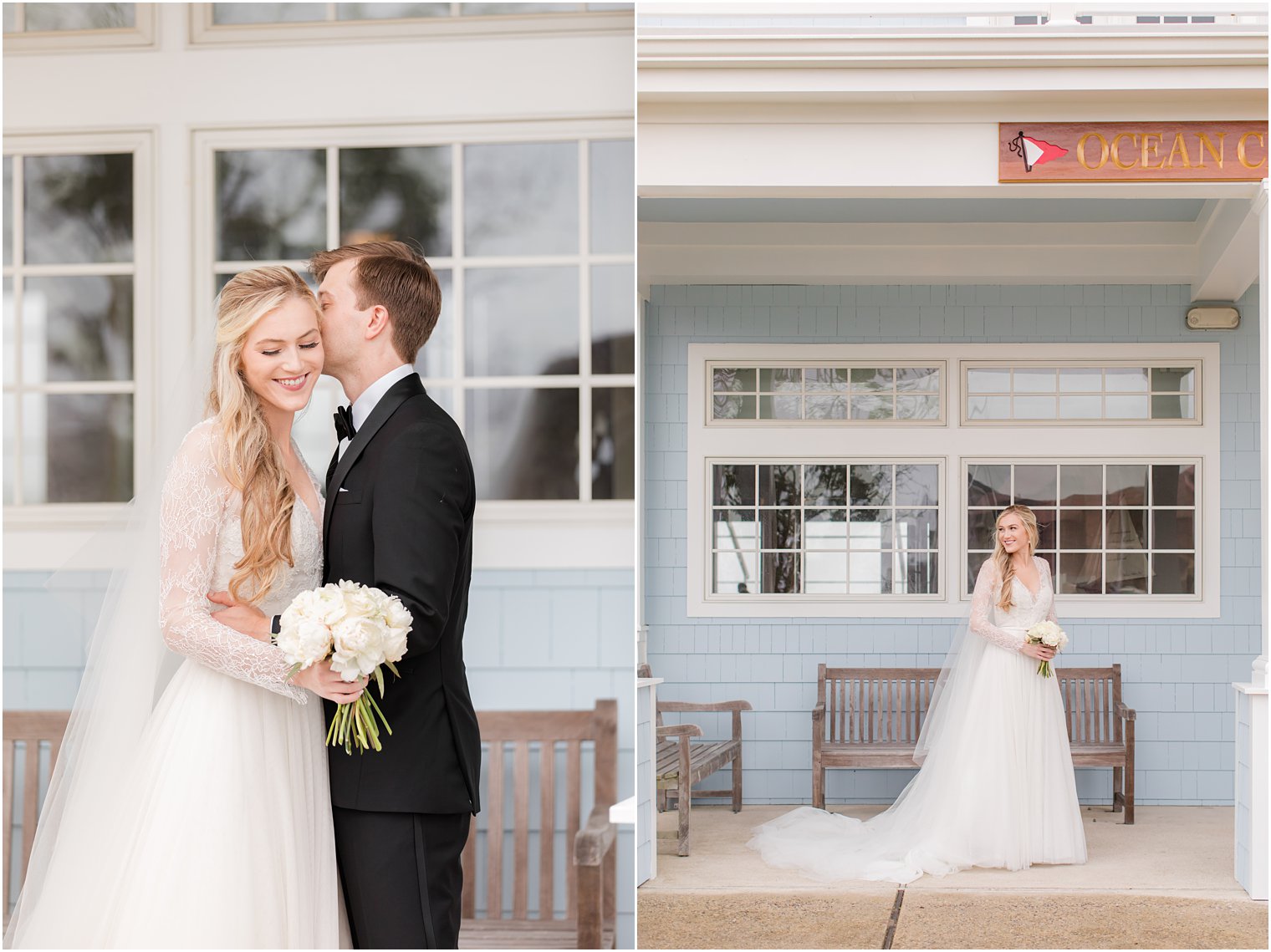 bride and groom pose against blue wall at Ocean City Yacht Club