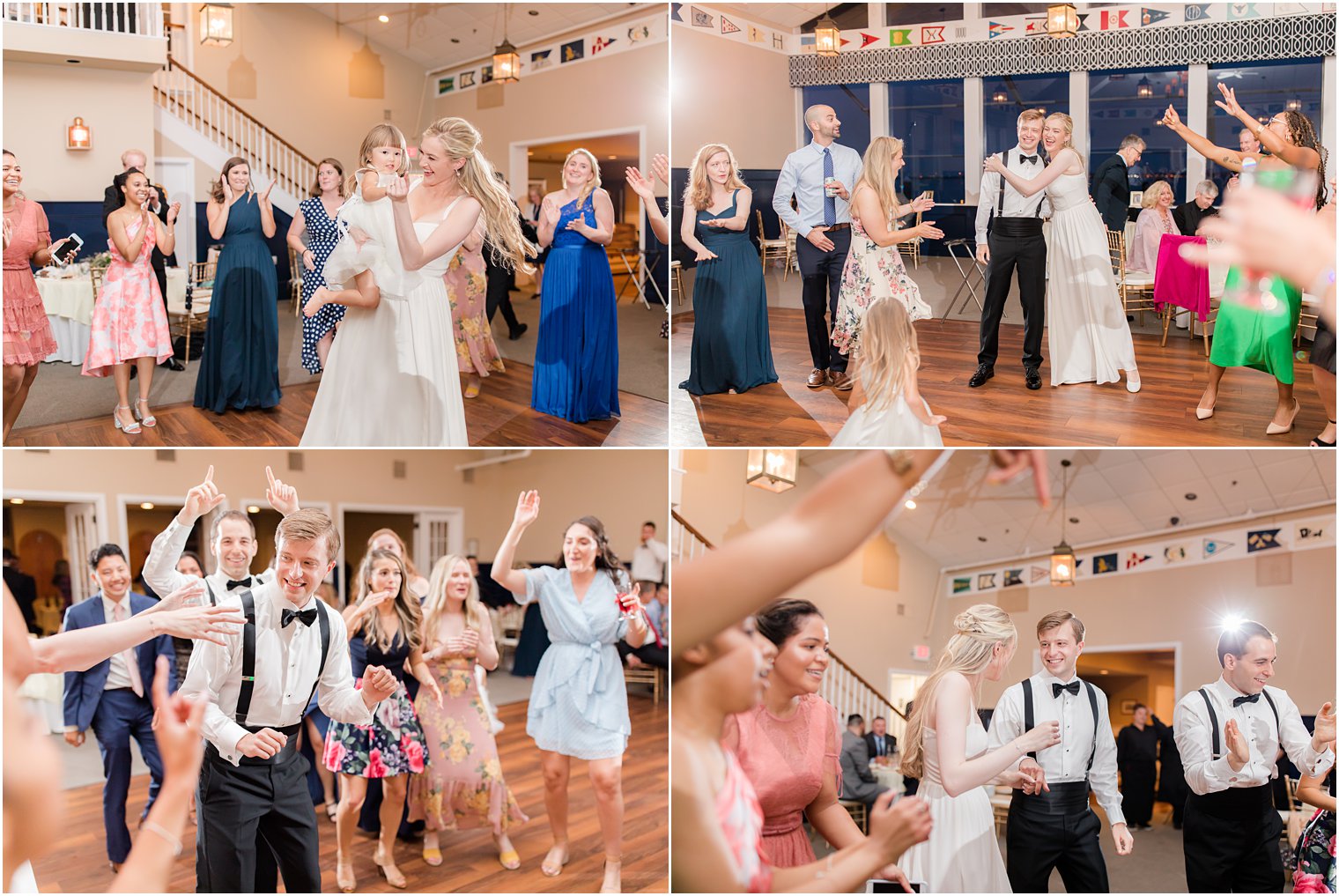 bride and groom dance with guests at wedding reception