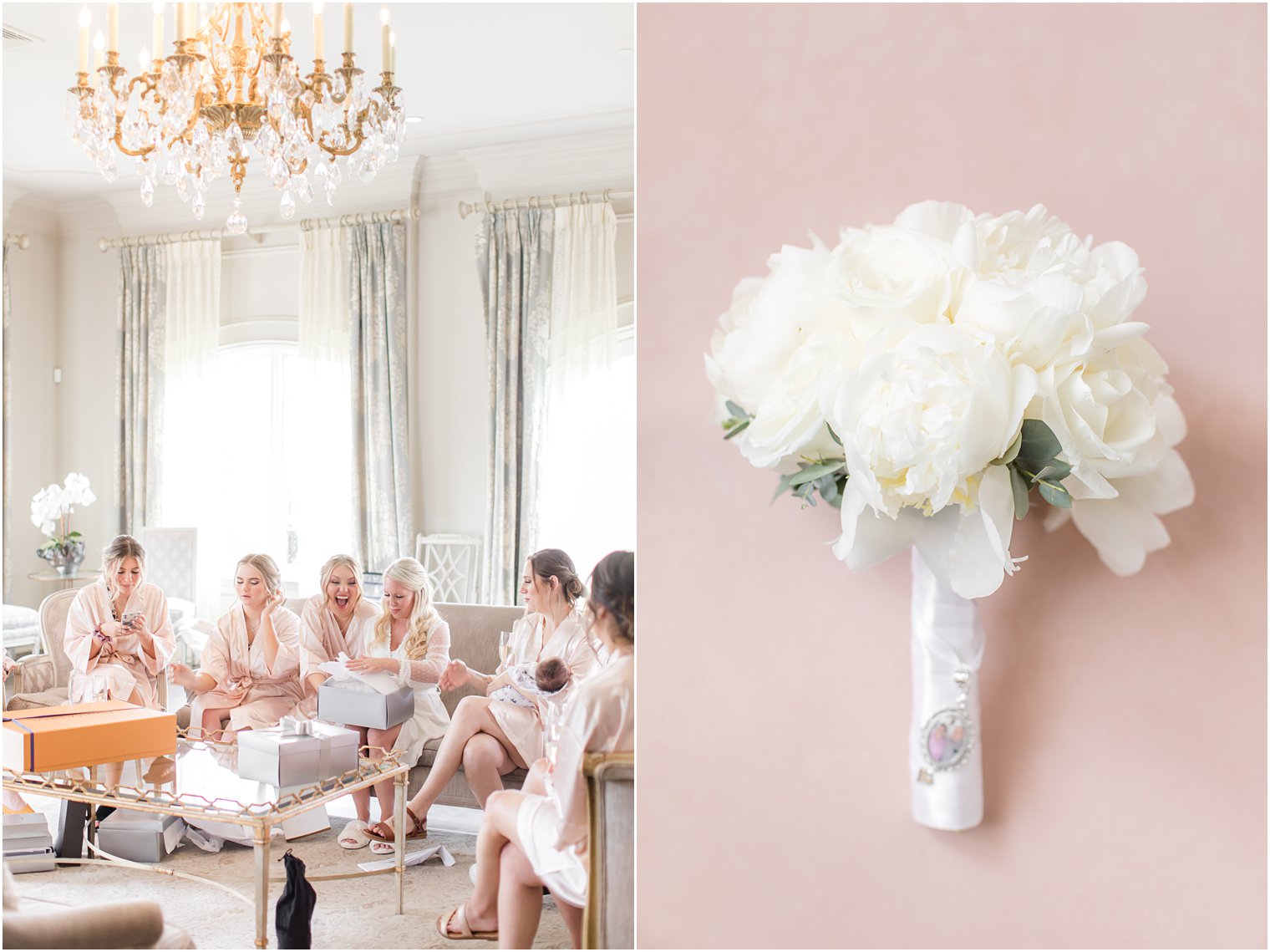 bride opens gifts with bridesmaids in Park Chateau Estate bridal suite 