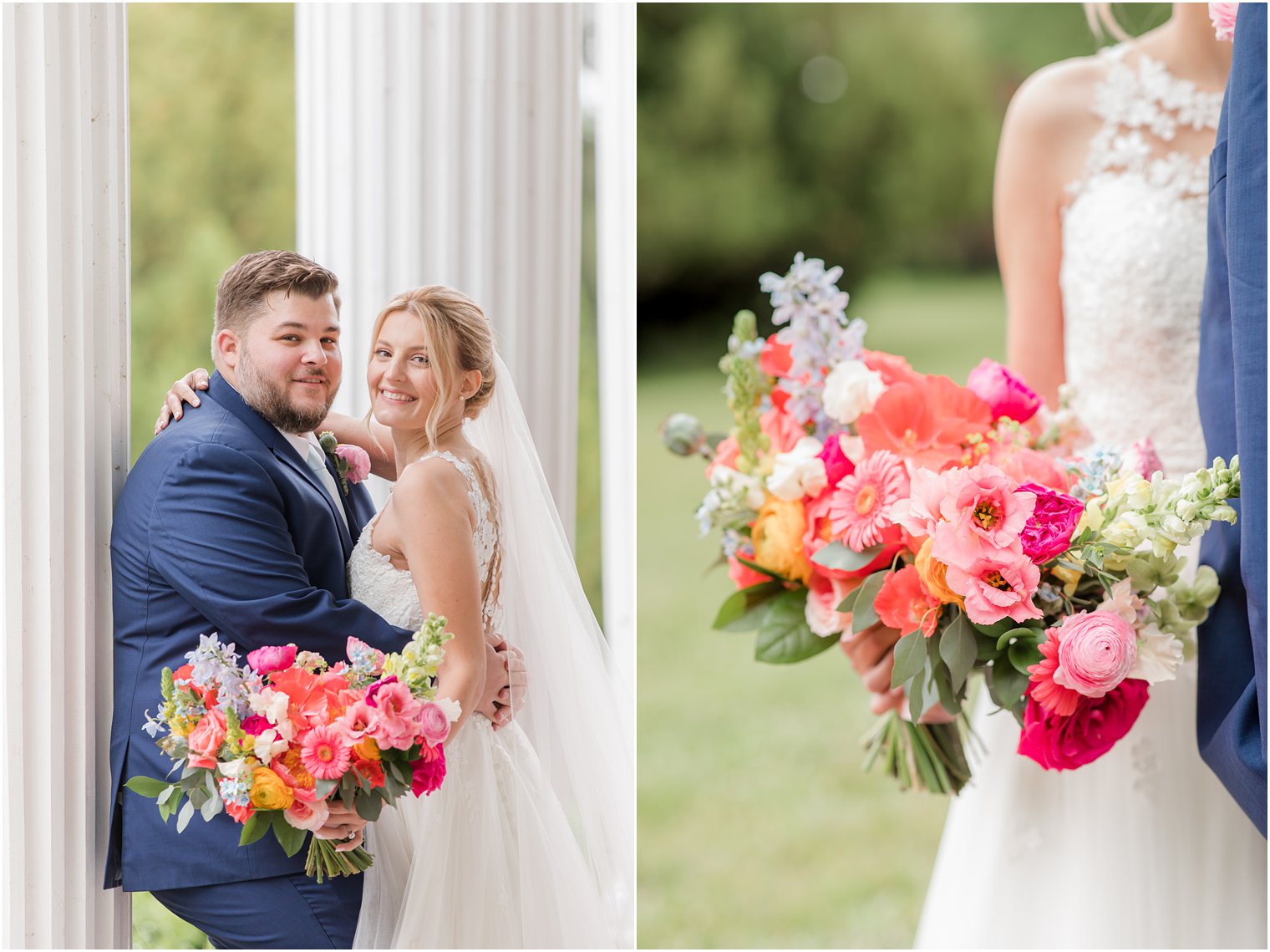 bride with wildflower bouquet hugs groom in navy suit along white pillar