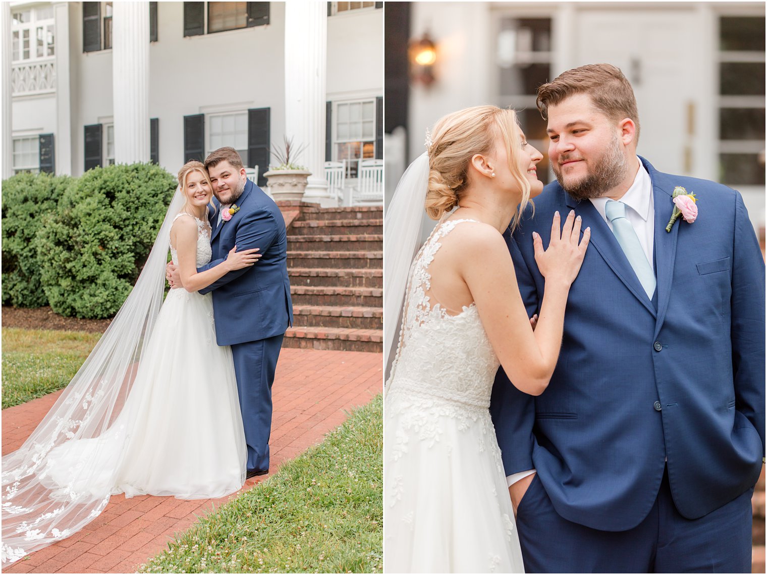 bride leans into groom wearing navy suit outside Rosemont Manor in Virginia 