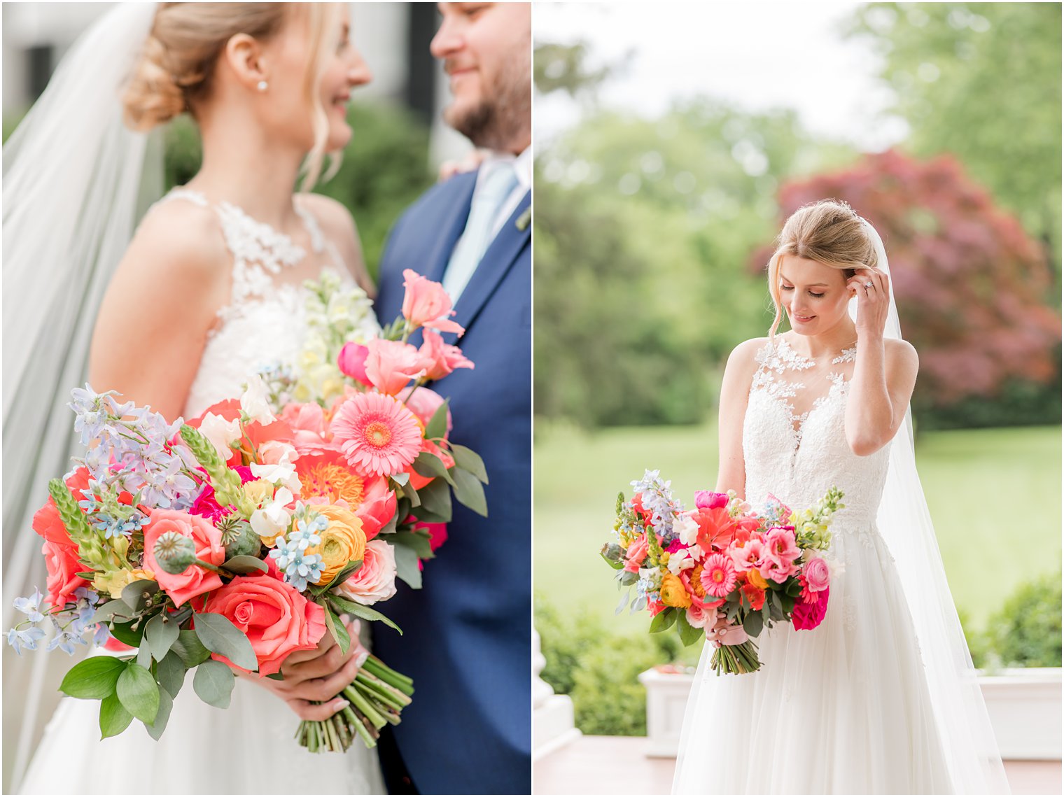 bride looks down at bouquet of wildflowers in Berryville VA