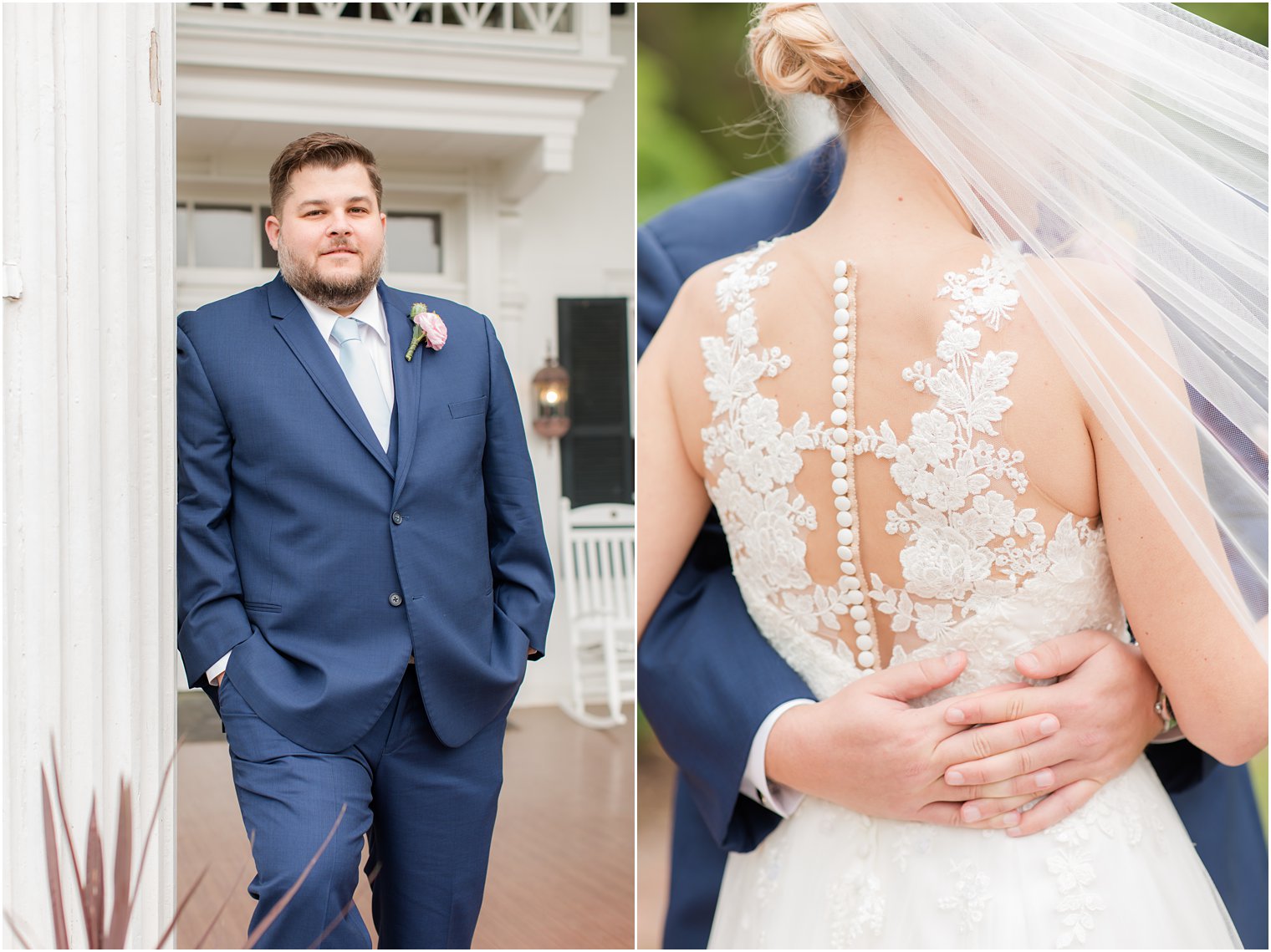 groom leans against white pillar on patio at Rosemont Manor