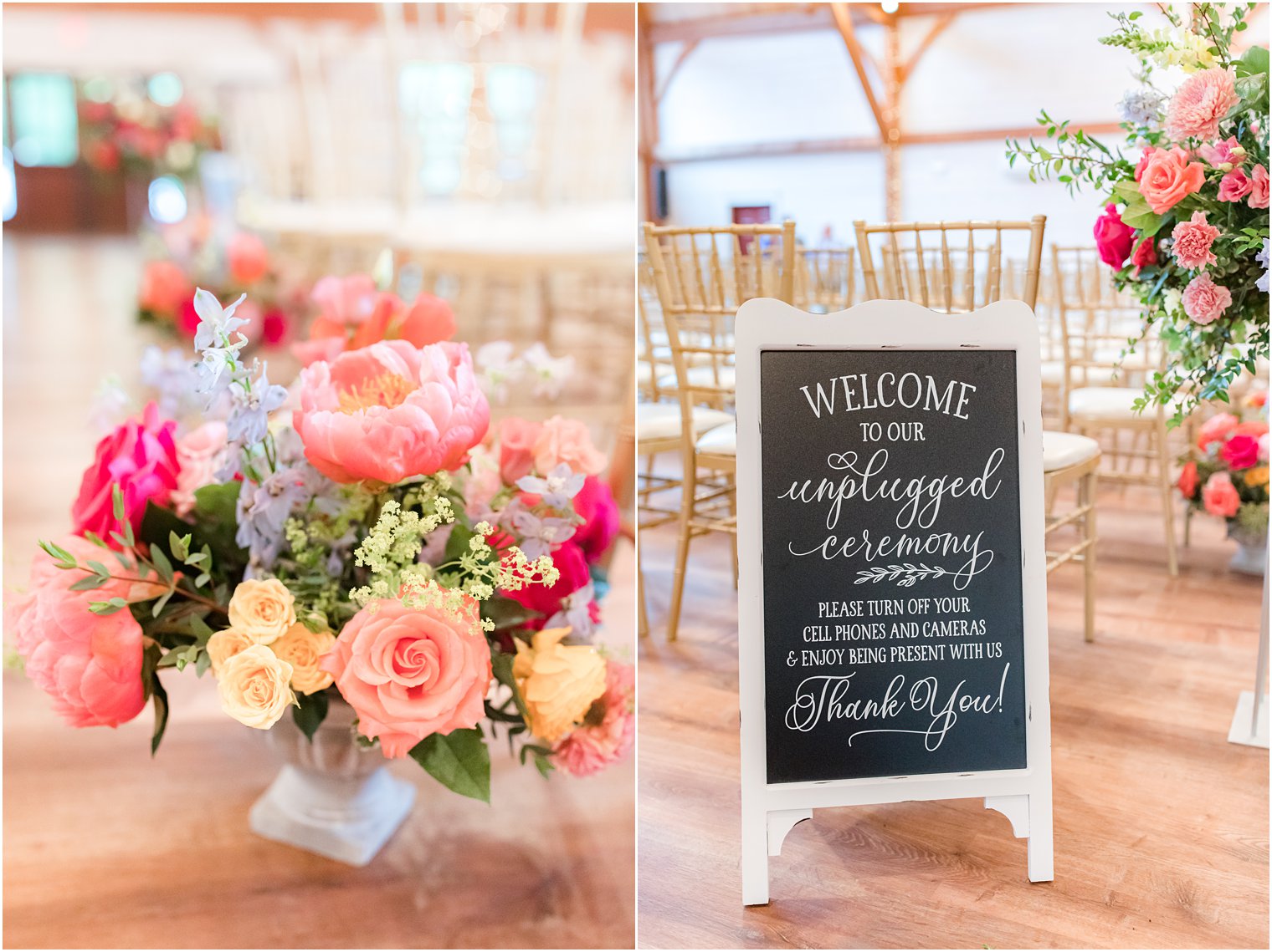 bright spring floral display and chalkboard sign for unplugged ceremony at Rosemont Manor