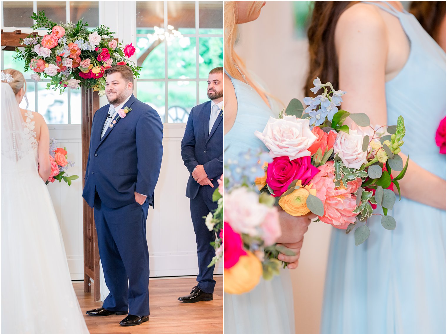 groom watches bride walk down aisle for ceremony in Berryville VA 