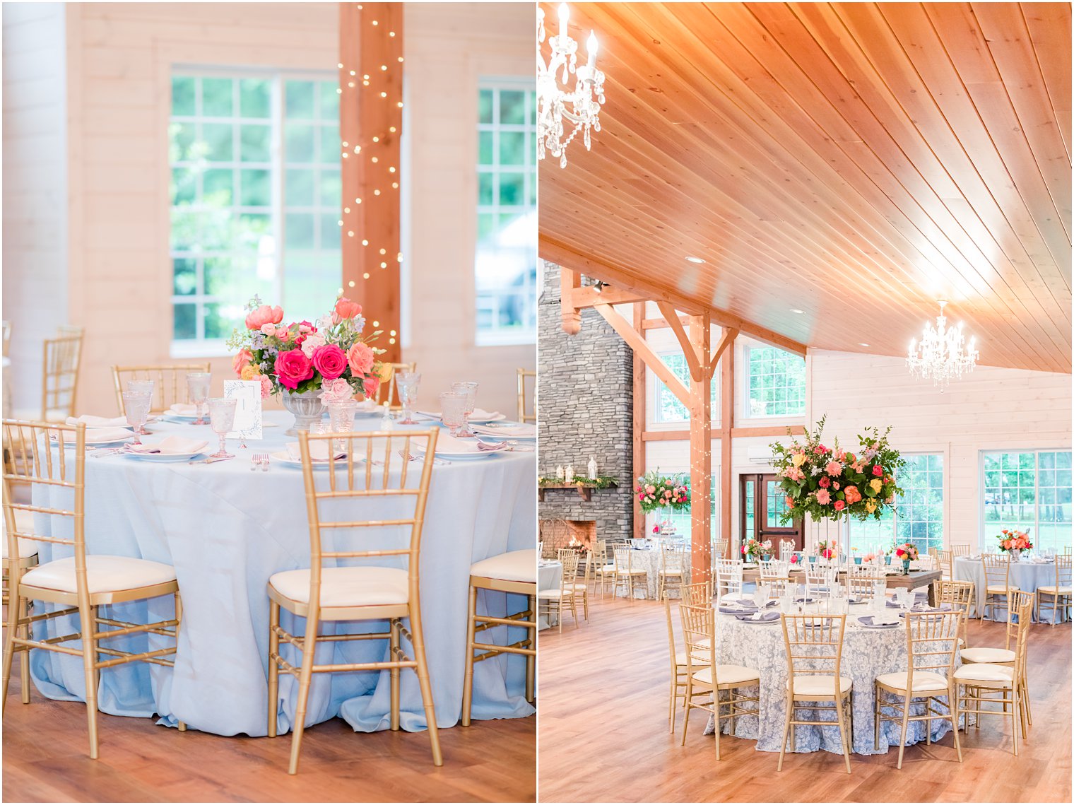 rustic wedding reception inside Rosemont Manor barn with colorful florals 
