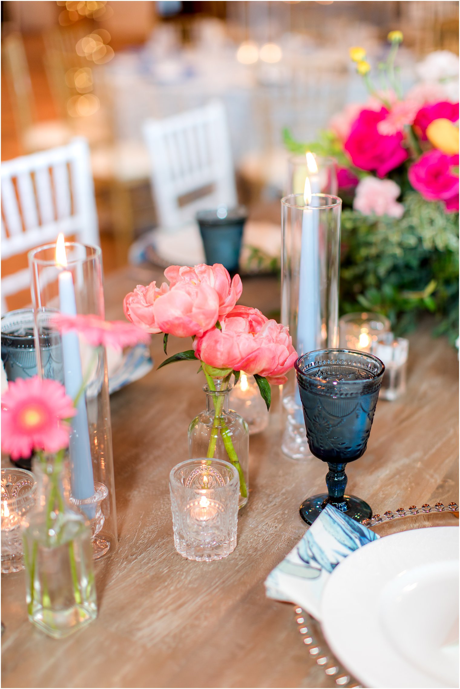place settings with peonies and vintage glassware for Rosemont Manor wedding reception 