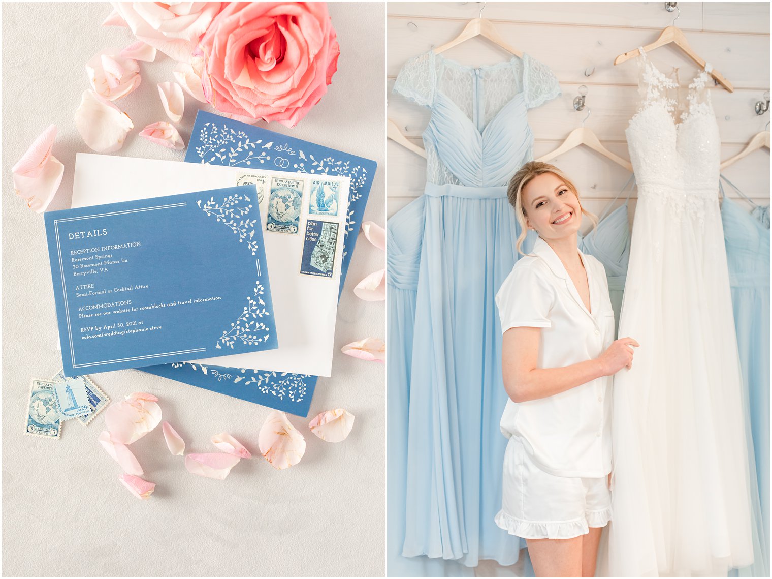 bride holds wedding dress on wooden wall at Rosemont Manor