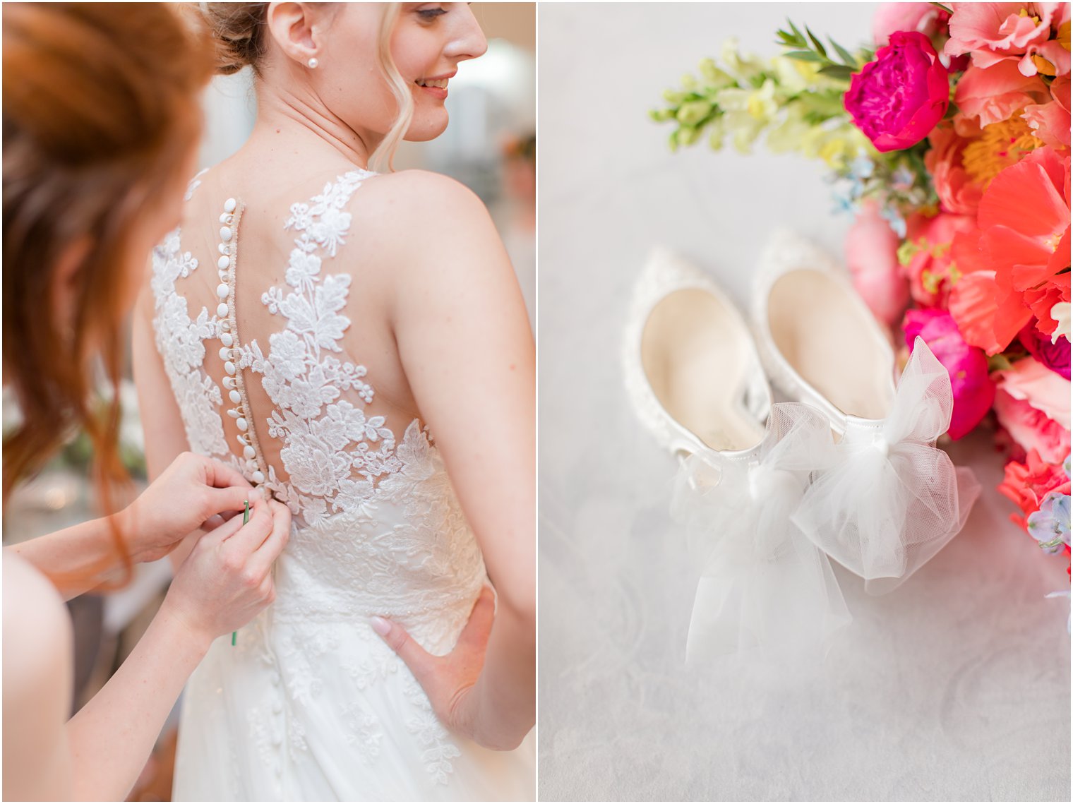 bridesmaid helps with buttons on wedding gown for Rosemont Manor wedding