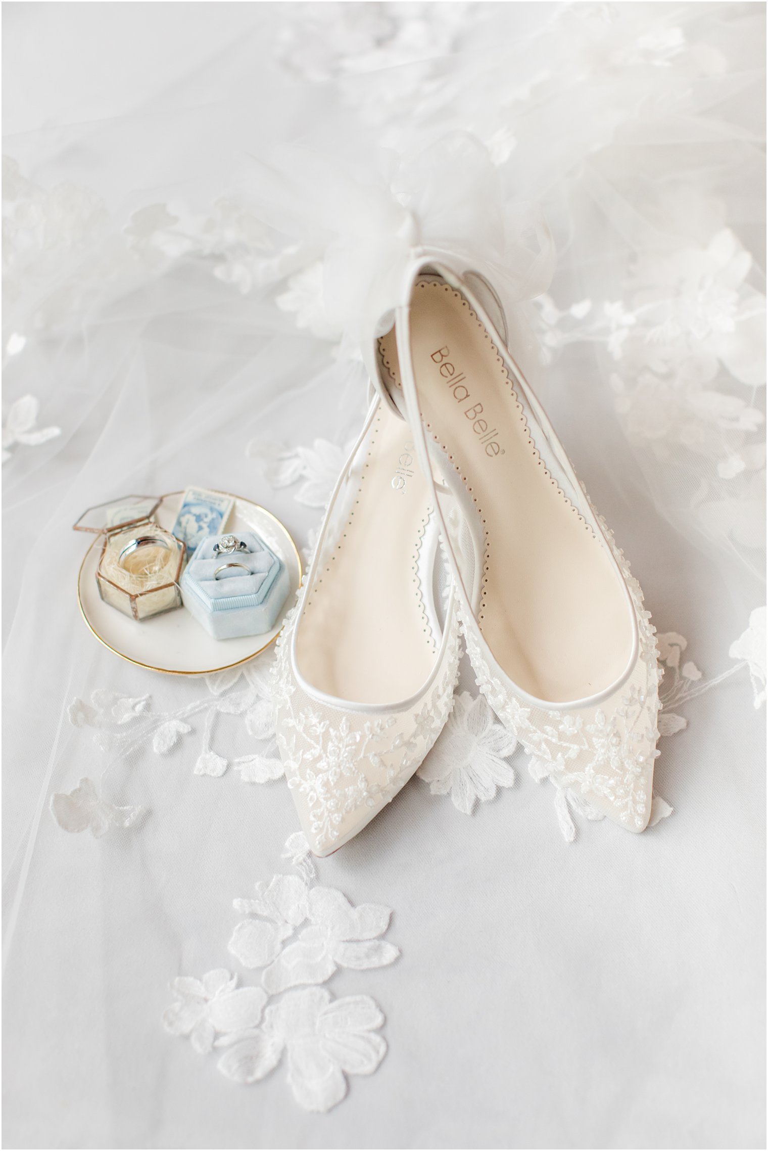 bride's lace white shoes for VA wedding day in the spring