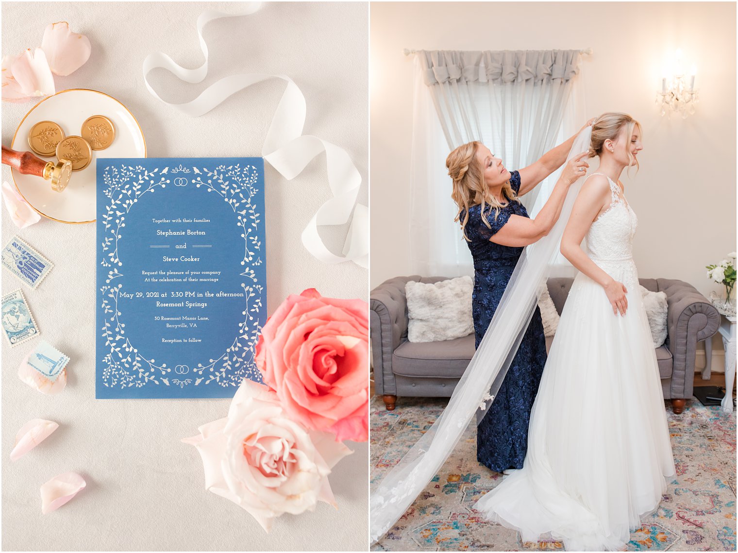 mother of the bride adjusts veil for bride-to-be