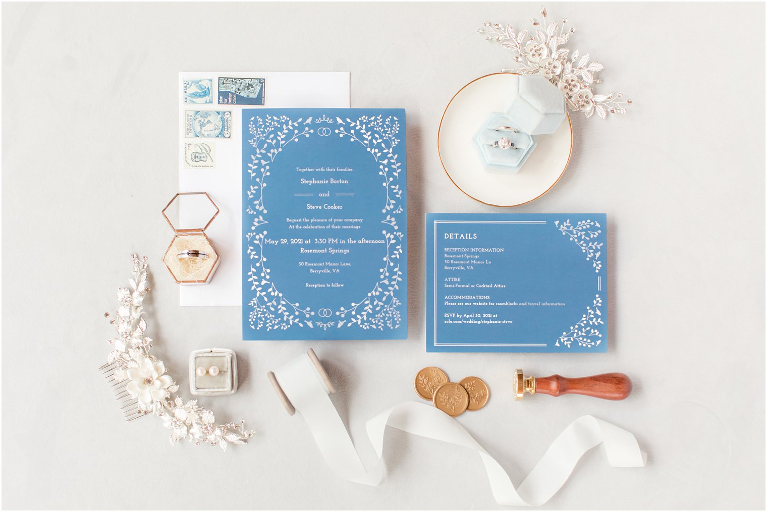 light blue stationery details for spring wedding at Rosemont Manor