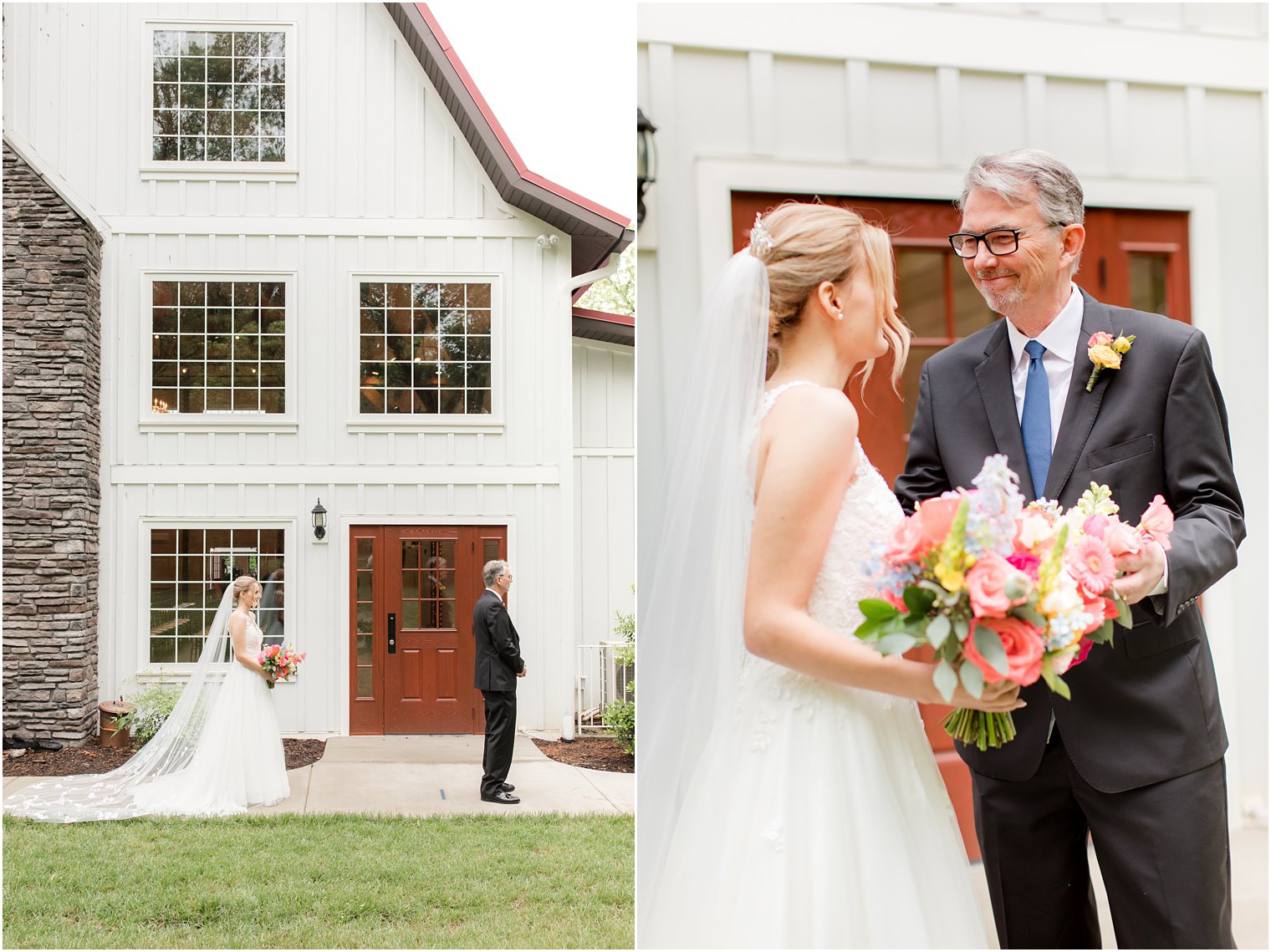 bride and dad have first look outside Rosemont Manor in Berryville VA