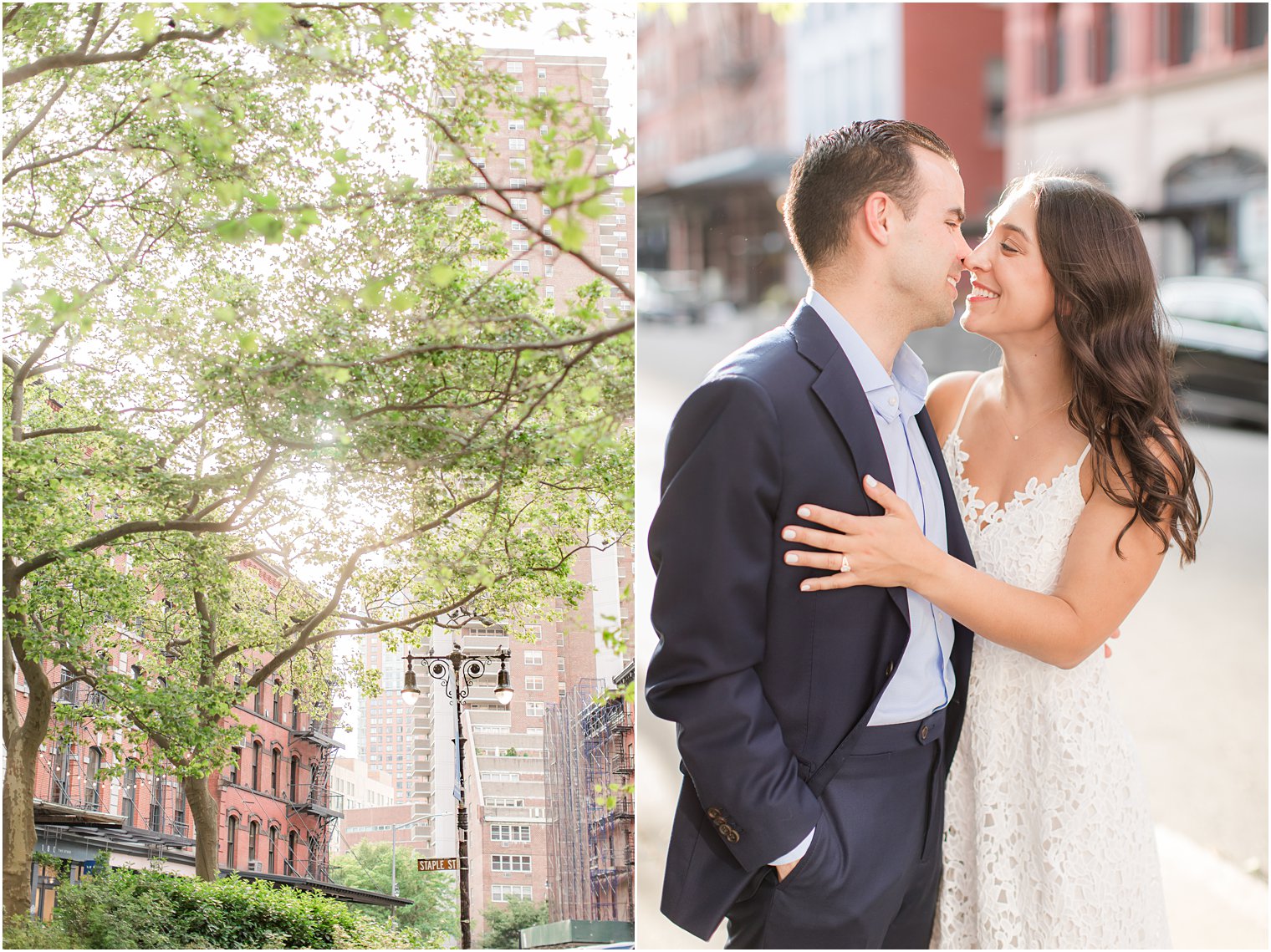 engaged couple walking in Duane Park in Tribeca