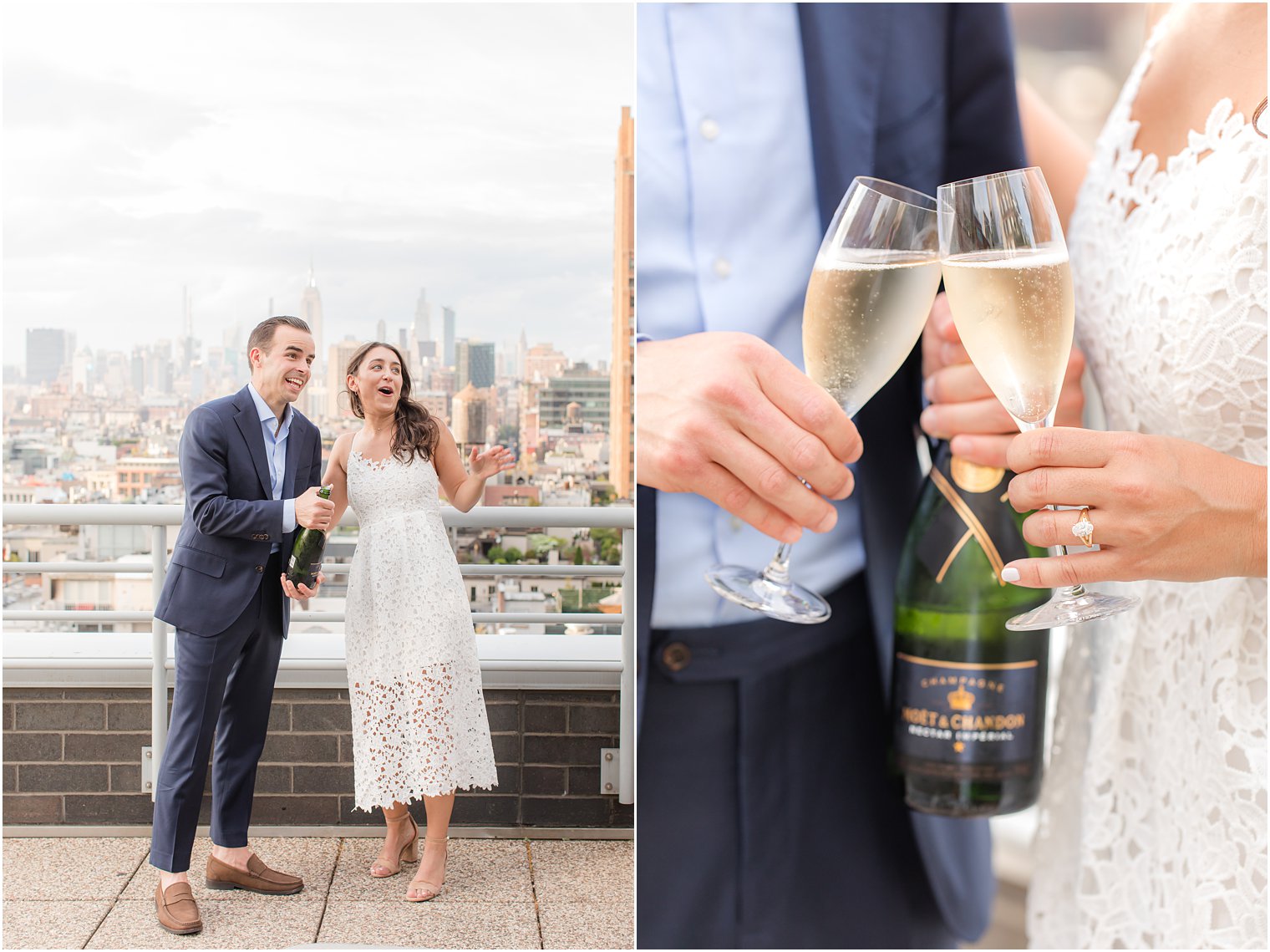 engaged couple opening bottle of champagne on Tribeca rooftop 