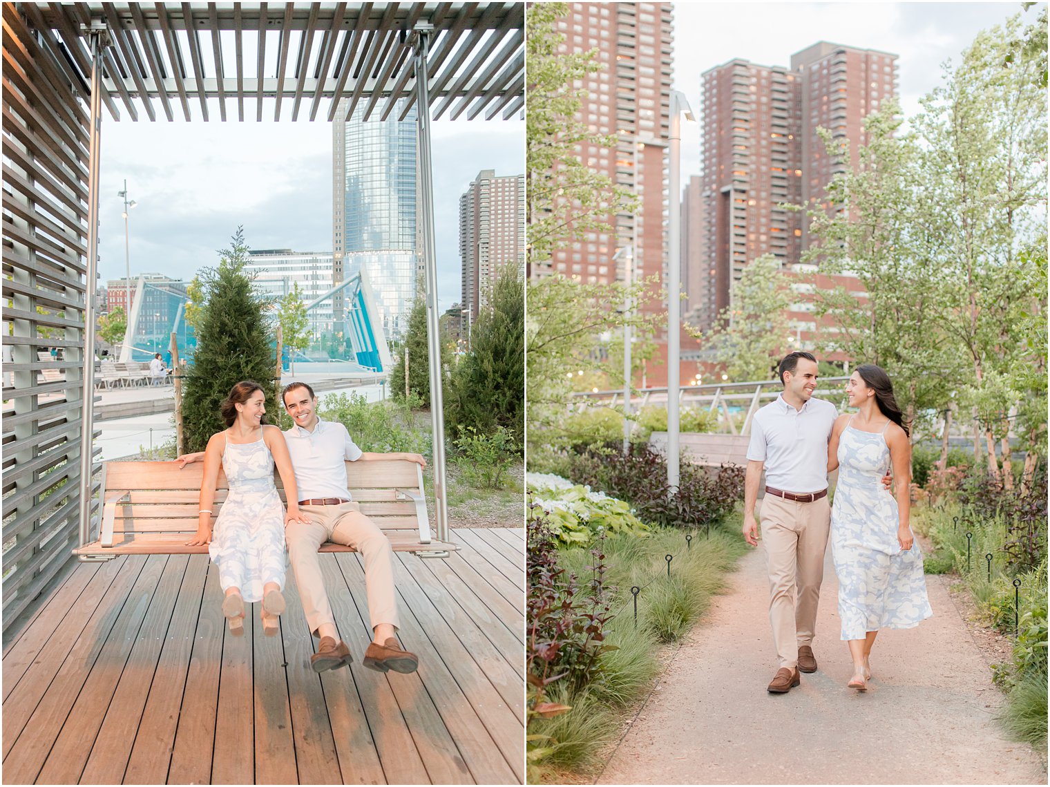 engaged couple on swing on Pier 26 in Tribeca