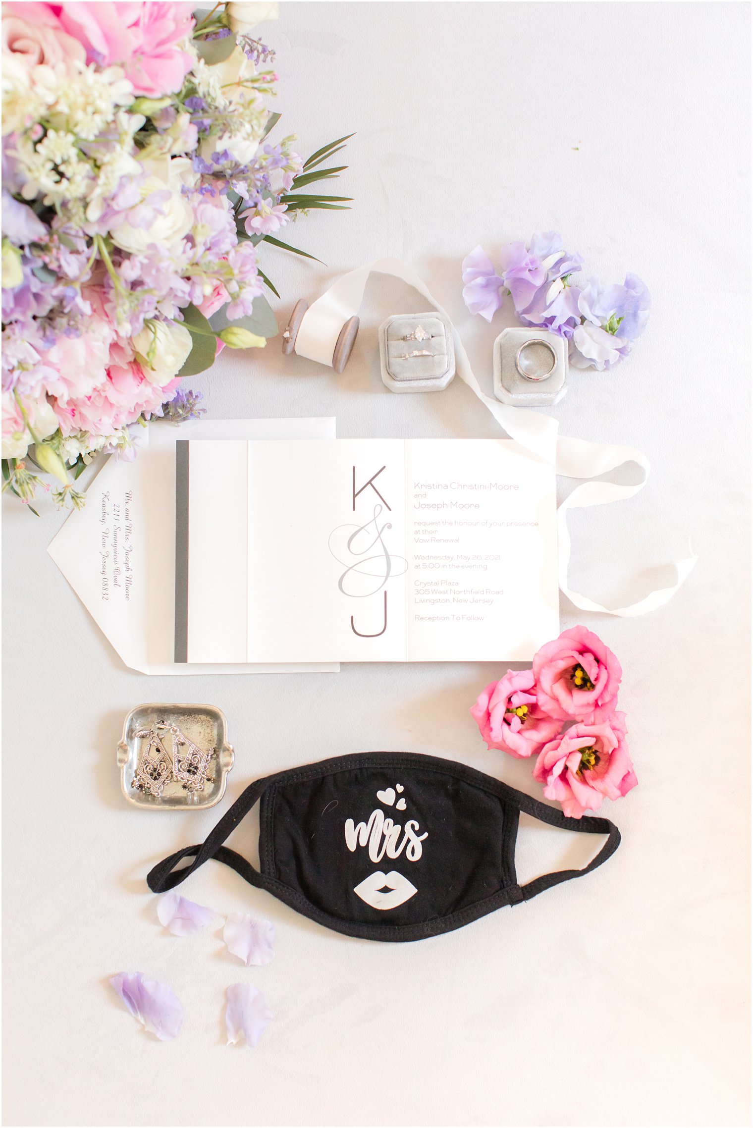 Wedding invitation by Sweet Ideas by Sue in flatlay with covid face mask