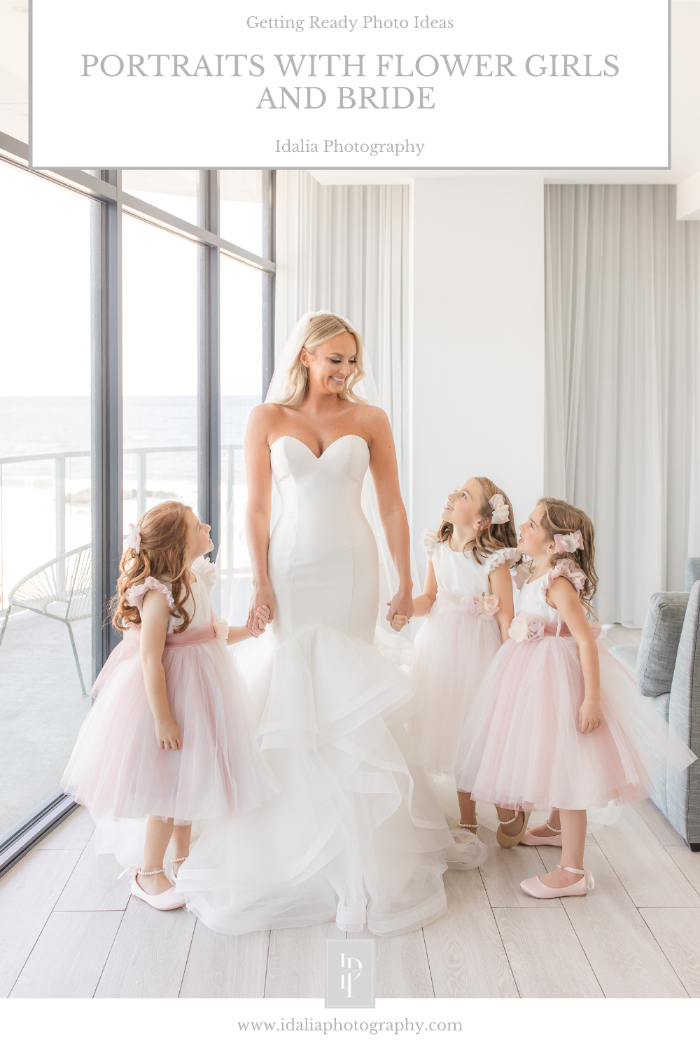 bride gets ready with flower girls on wedding morning