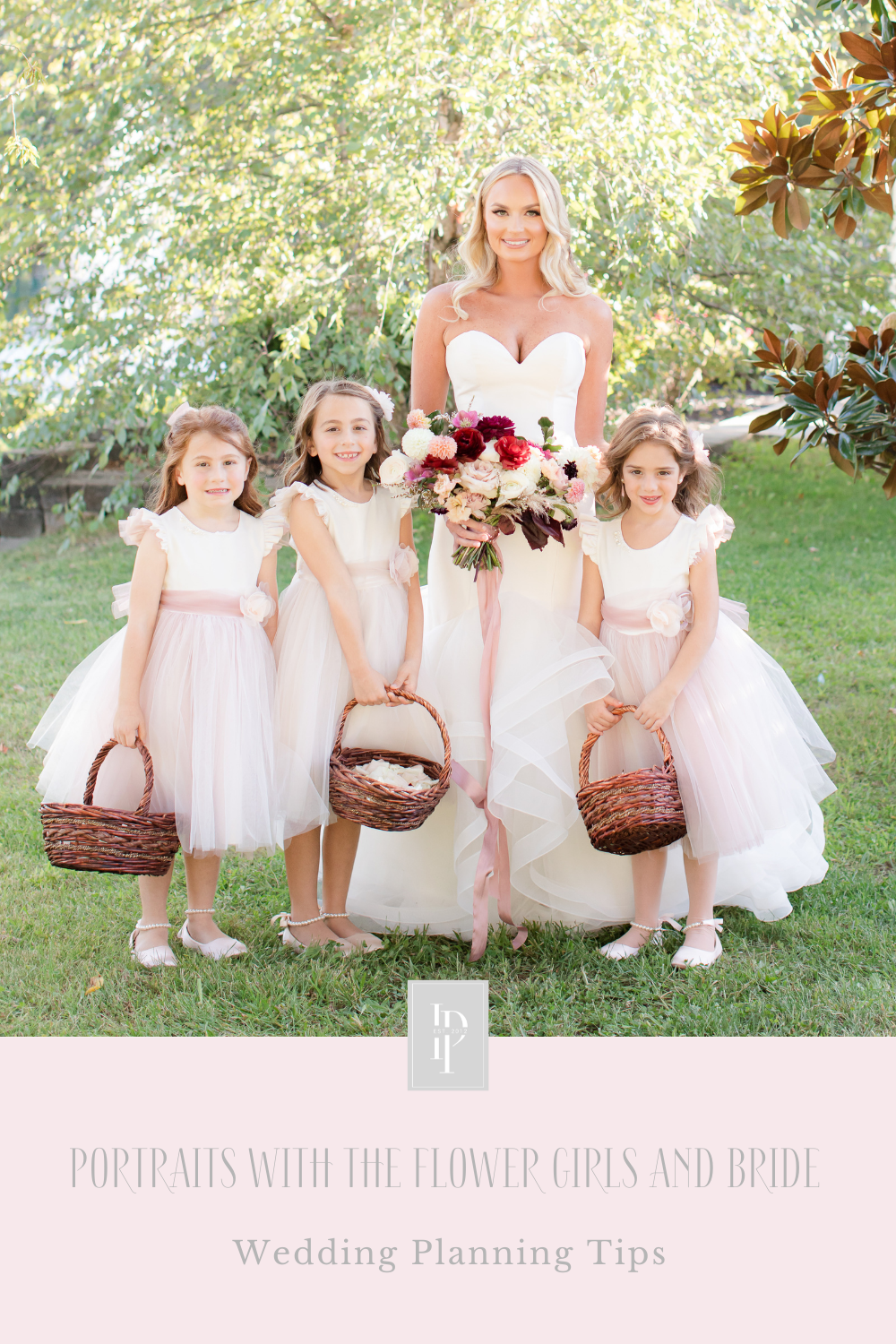 flower girls pose with bride on wedding morning 