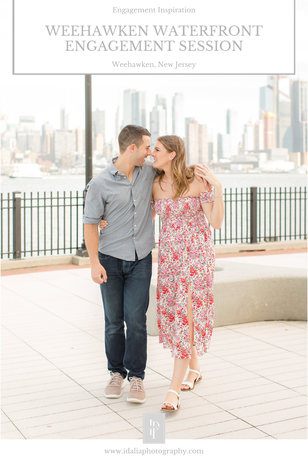 Weehawken Waterfront engagement session with bride and groom 