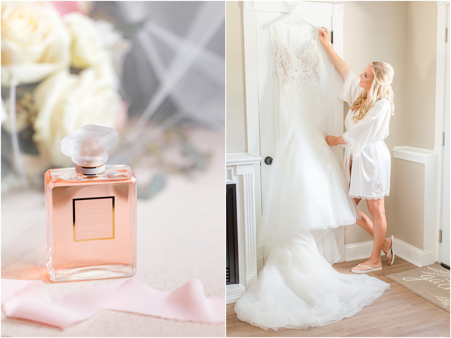 bride looks a wedding gown and holds bottle of Coco Chanel perfume for wedding day in New Jersey