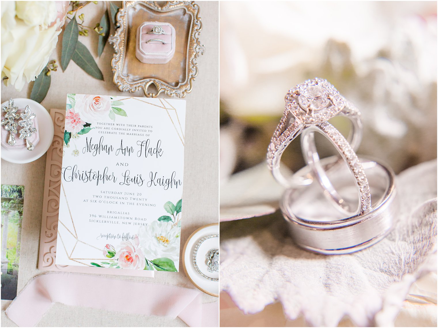 wedding bands rest on lace with wedding invite for Brigalias wedding 