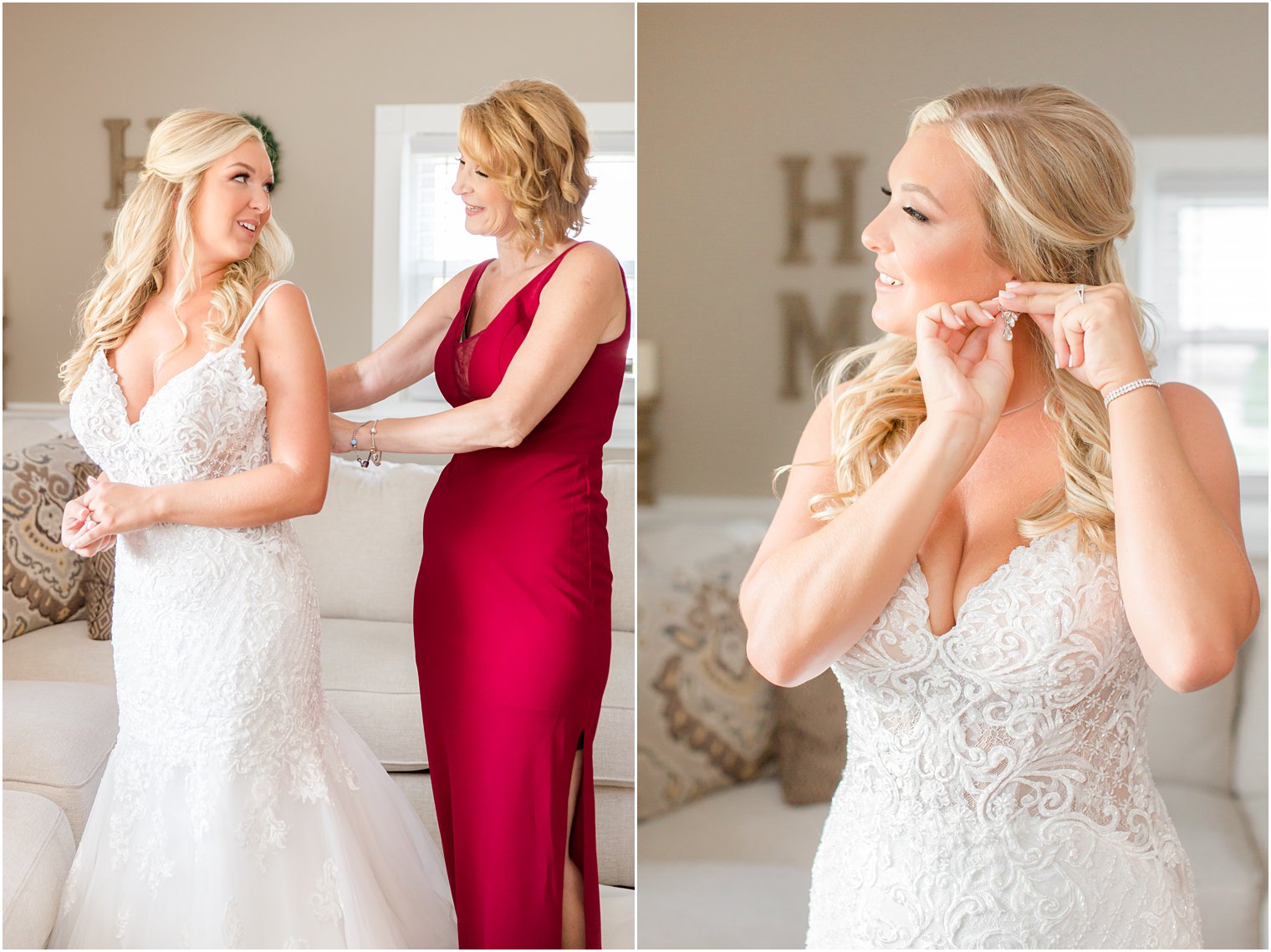 mom helps bride with wedding dress before NJ wedding 