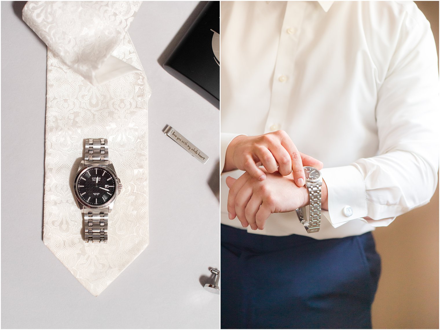 groom adjusts watch while preparing for Brigalias wedding day