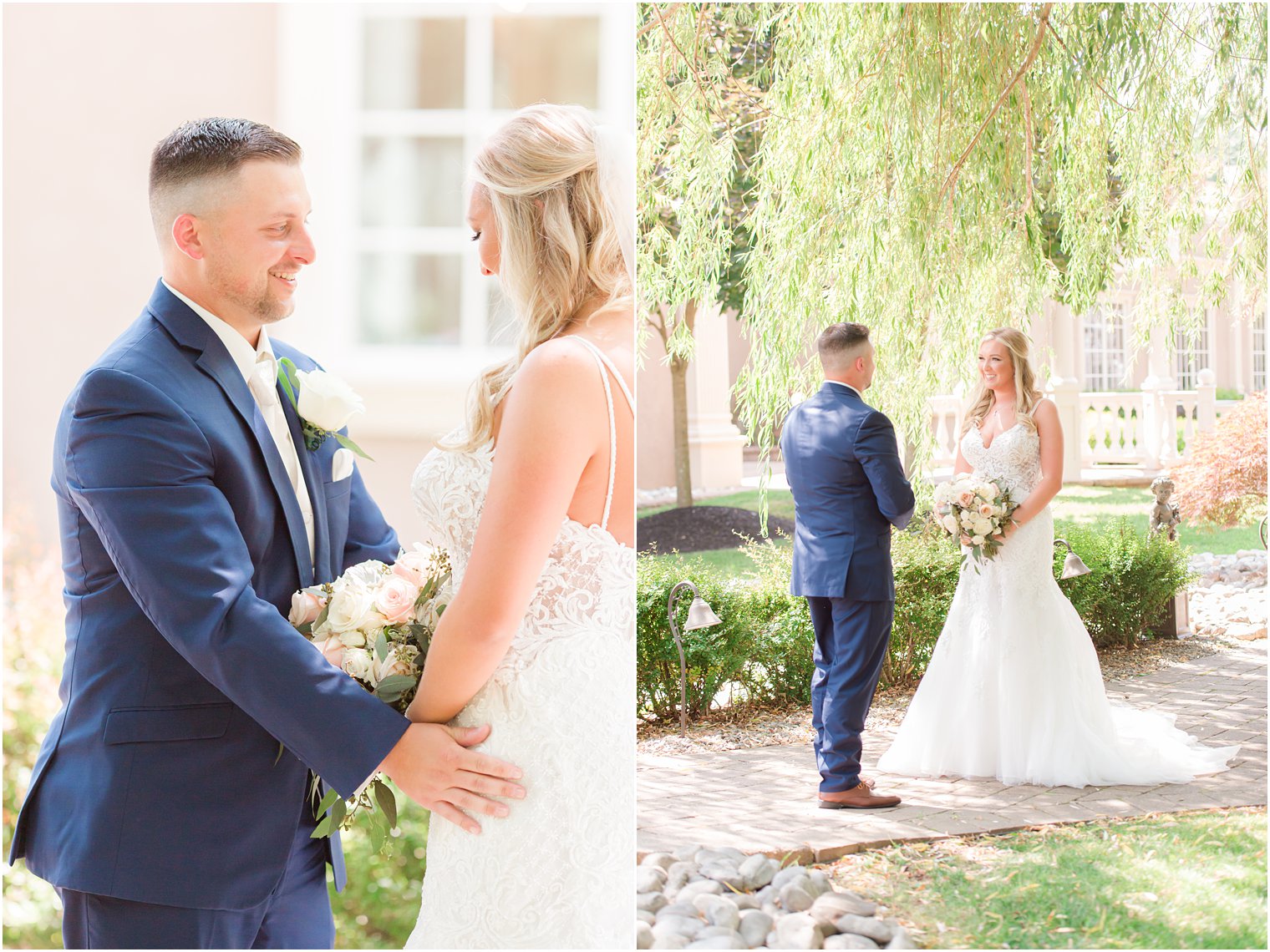 groom sees bride for the first time during first look in New Jersey 