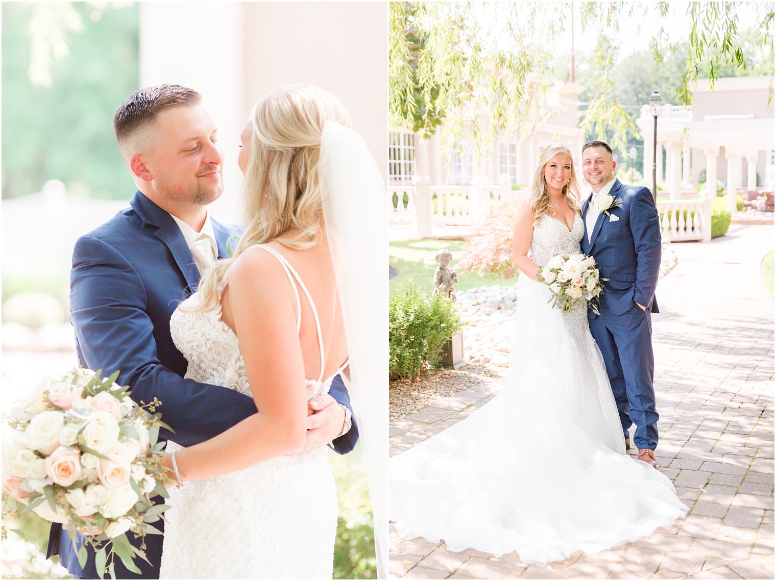 groom hugs bride and looks at her during New Jersey wedding portriats at Brigalias