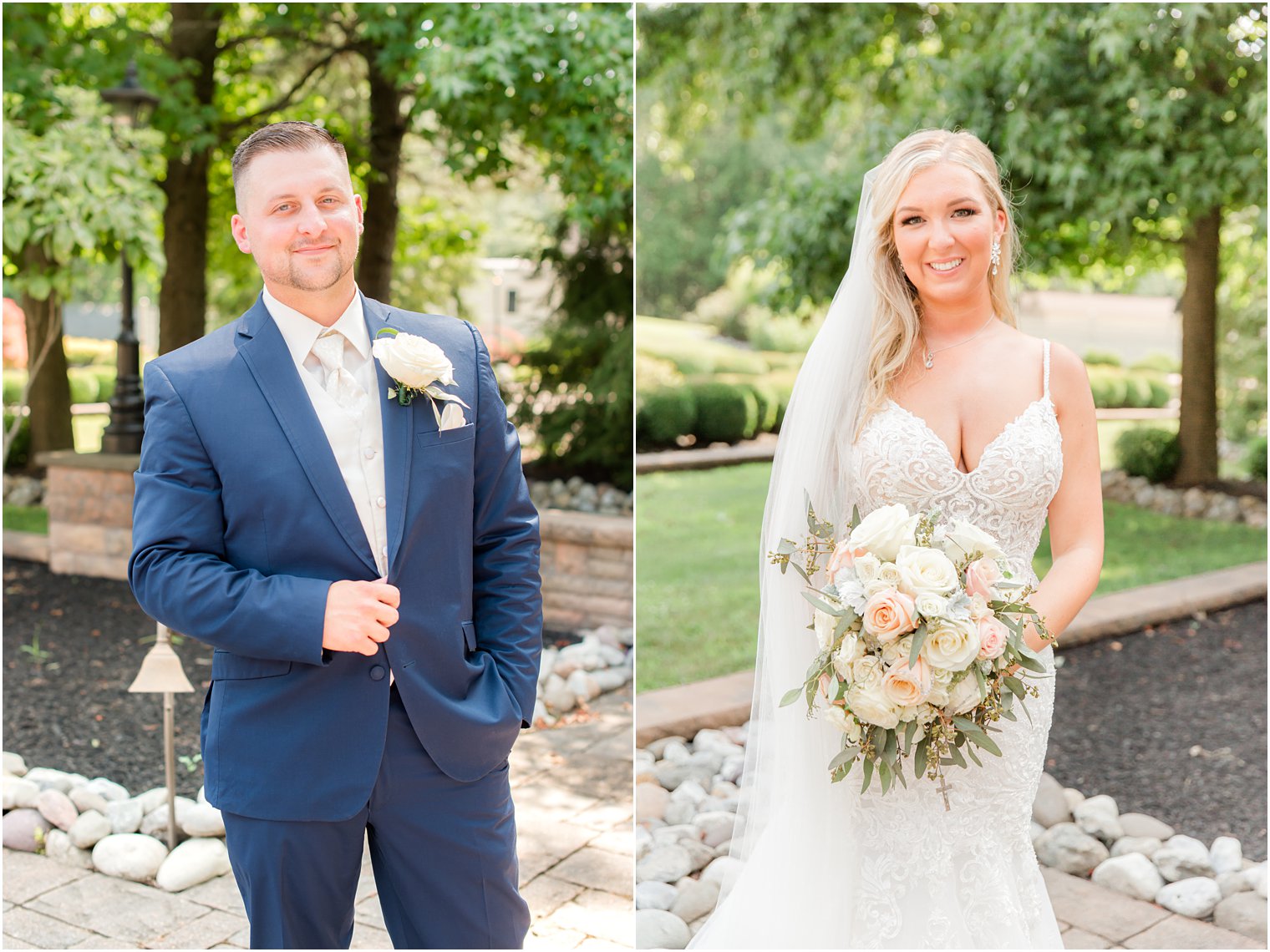 newlyweds pose on grounds of Brigalias before wedding ceremony 