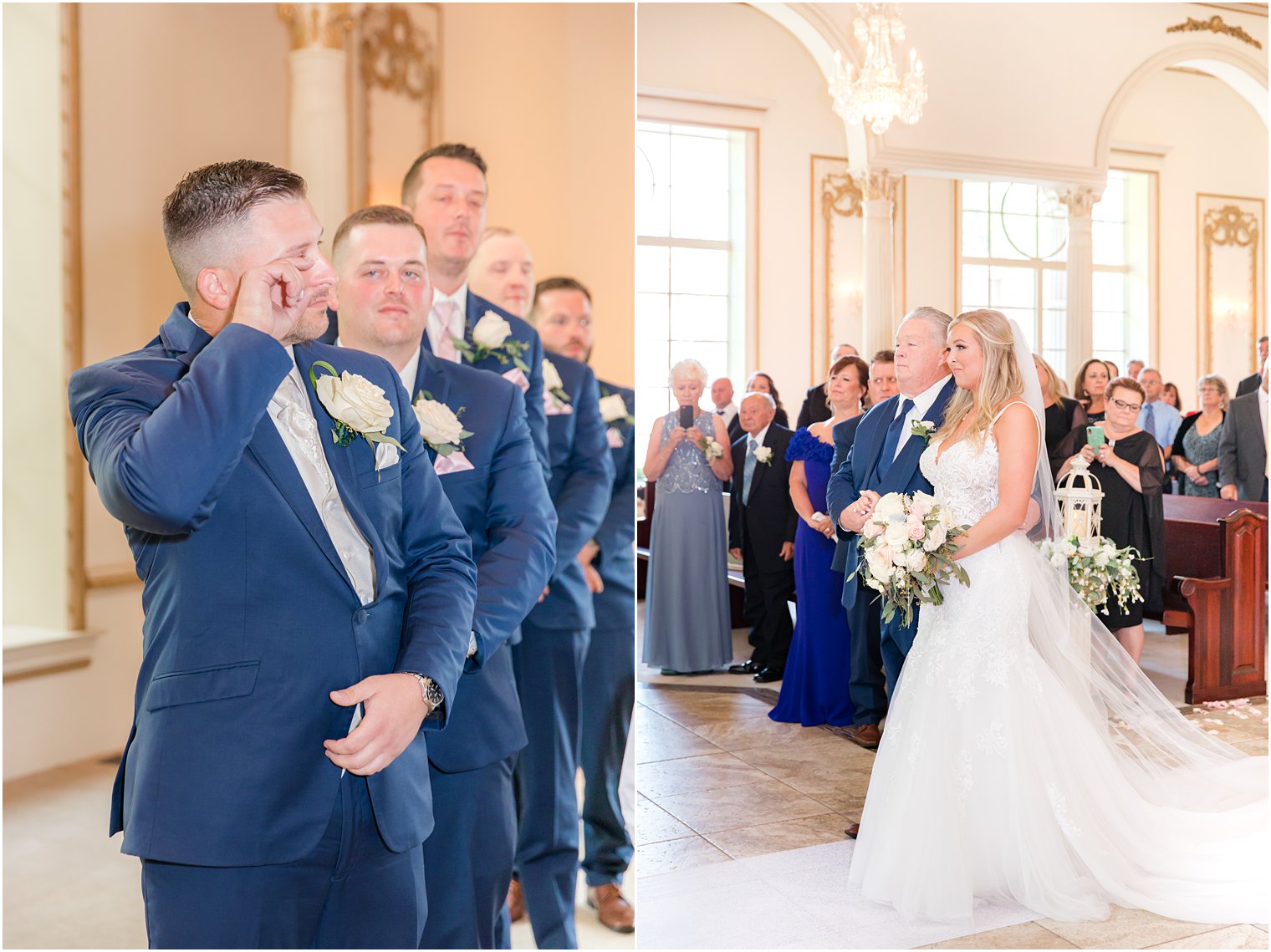 groom cries watching bride walk down aisle at New Jersey wedding venue 