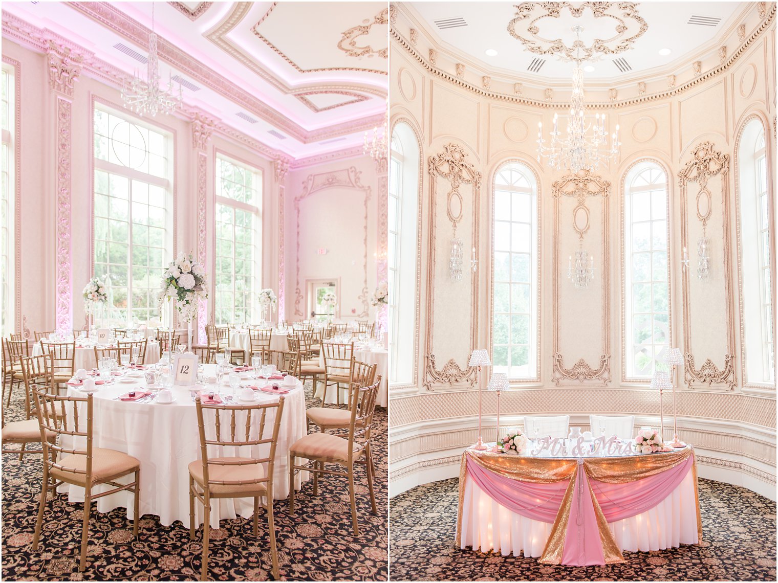 ballroom wedding reception with pink and gold decor at Brigalias