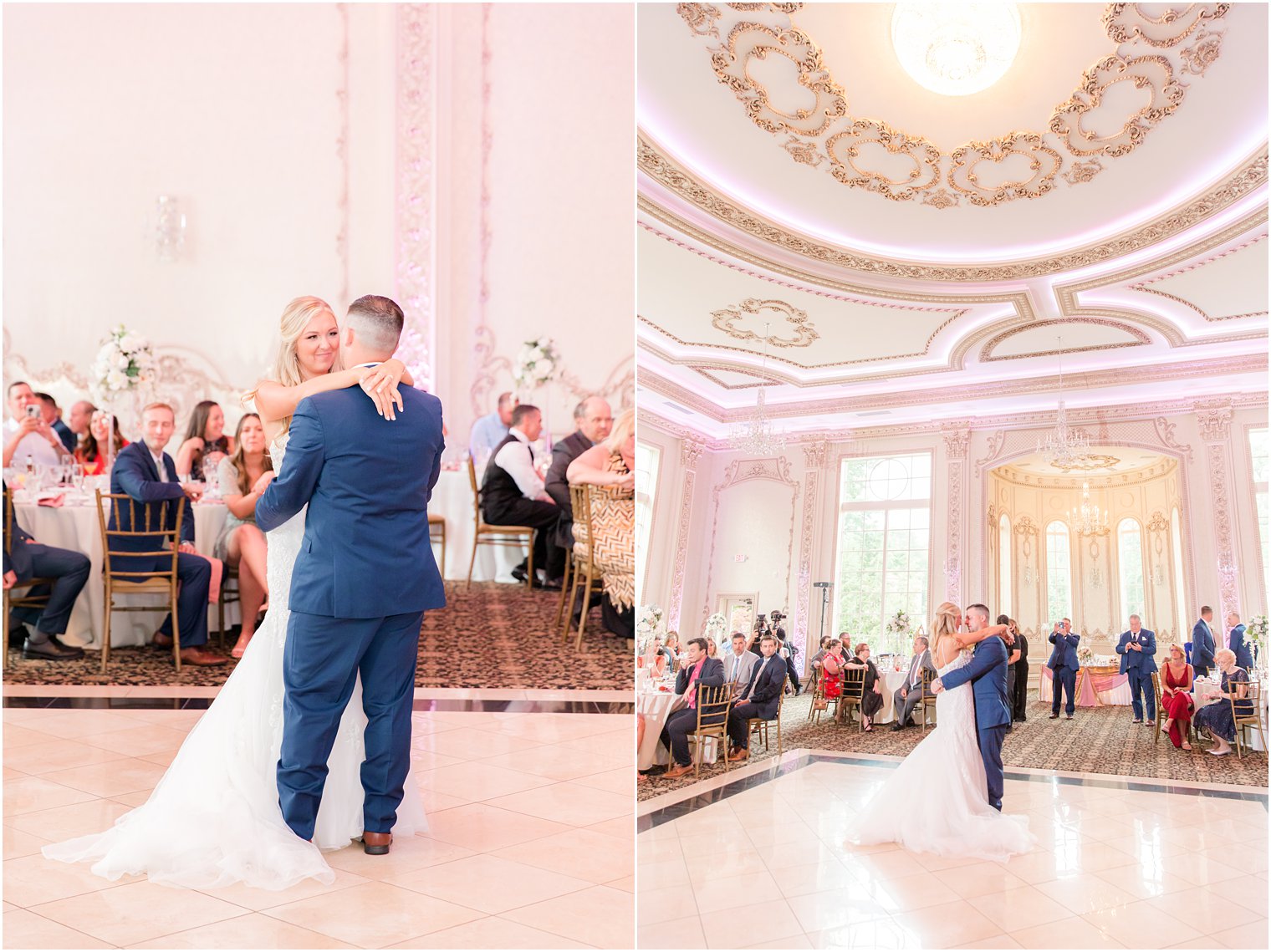 bride and groom dance in Brigalias ballroom during wedding reception 