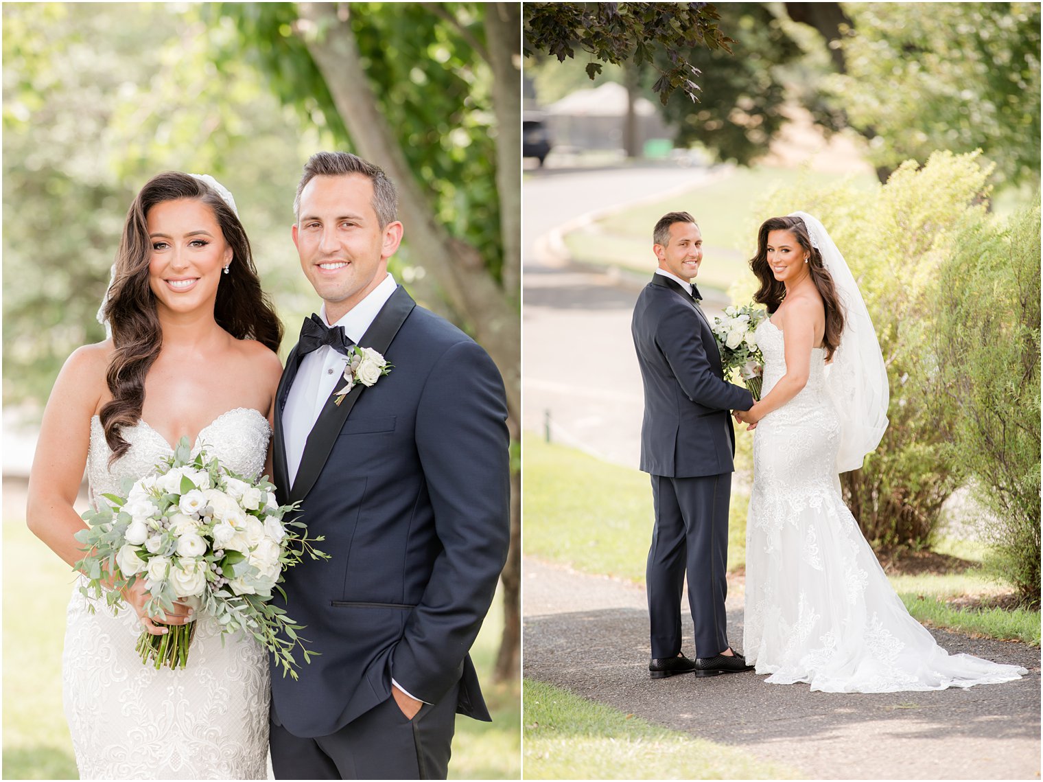 bride and groom look over shoulder on path at Navesink Country Club