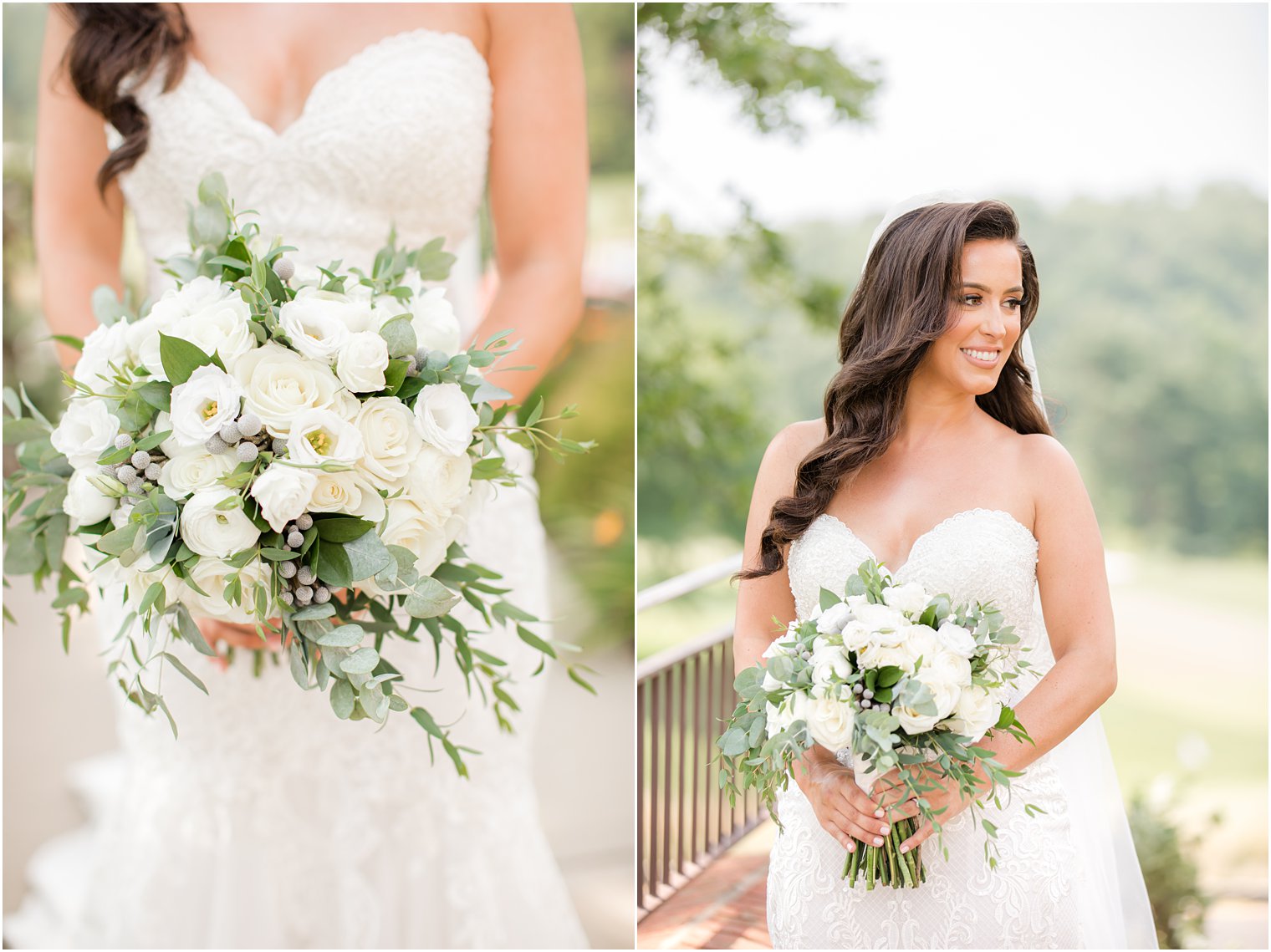 bride holds bouquet of all white flowers at Navesink Country Club