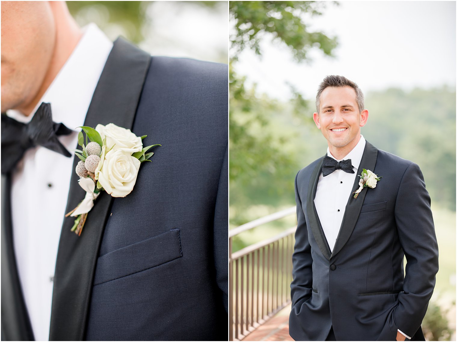 groom in classic fitted tux with white boutonnière on chest