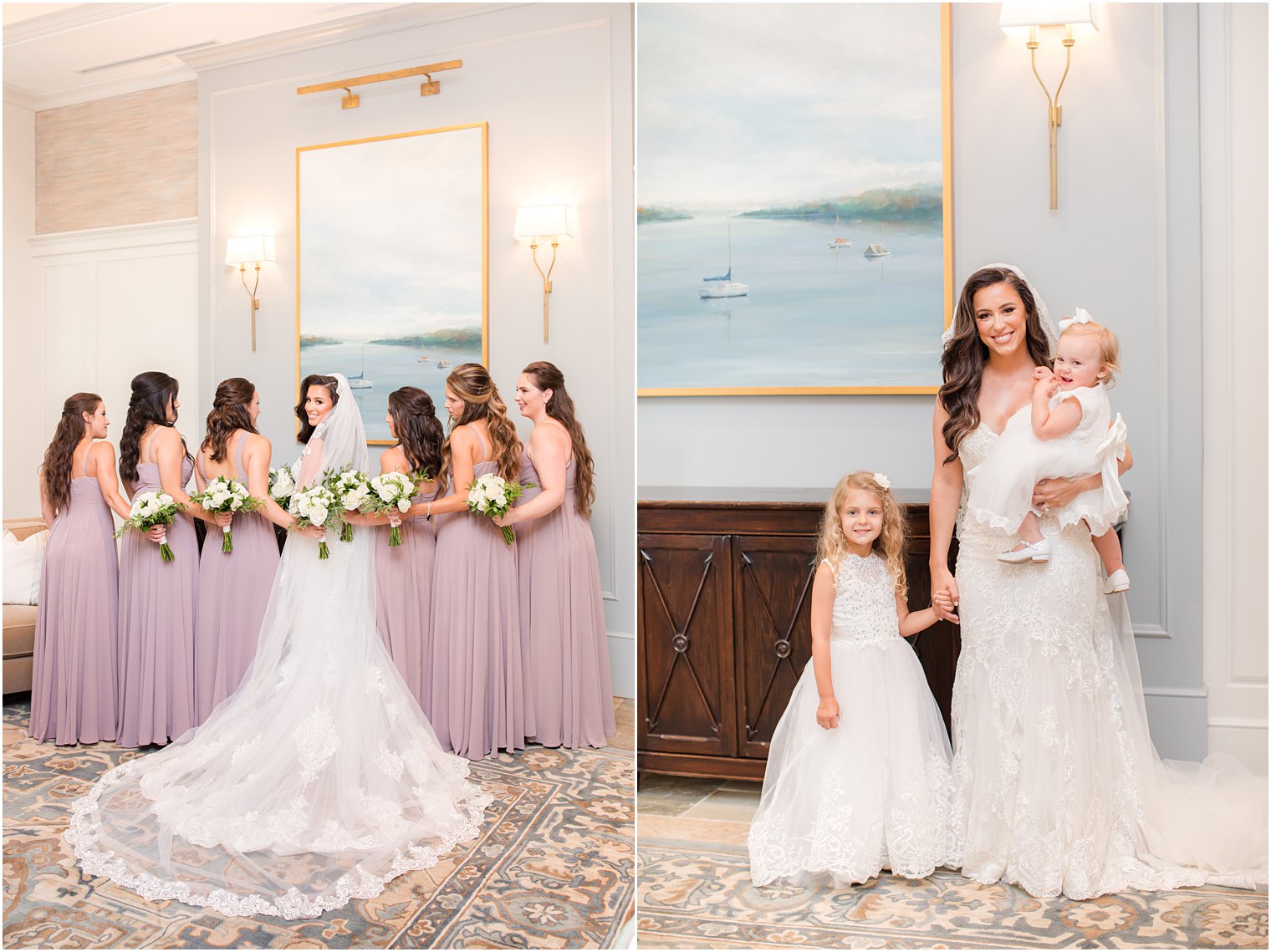bride hugs bridesmaids in mauve gowns at Navesink Country Club